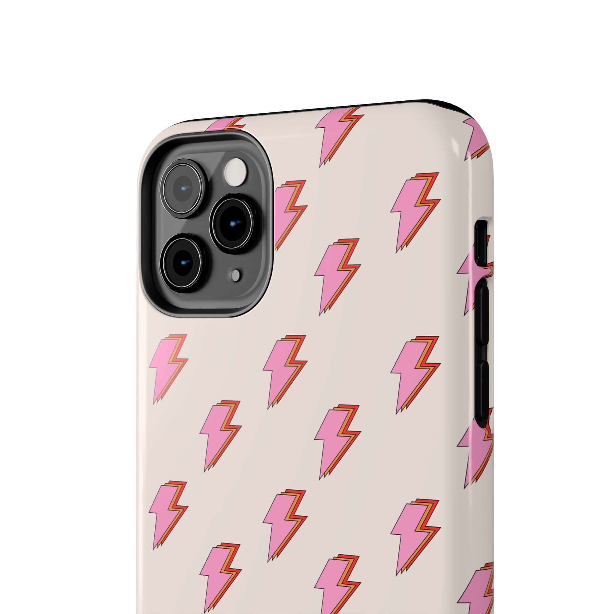 Cute iPhone case for iPhone 14 and 15 with pink lightning bolt design. Retro design phone case with free shipping.