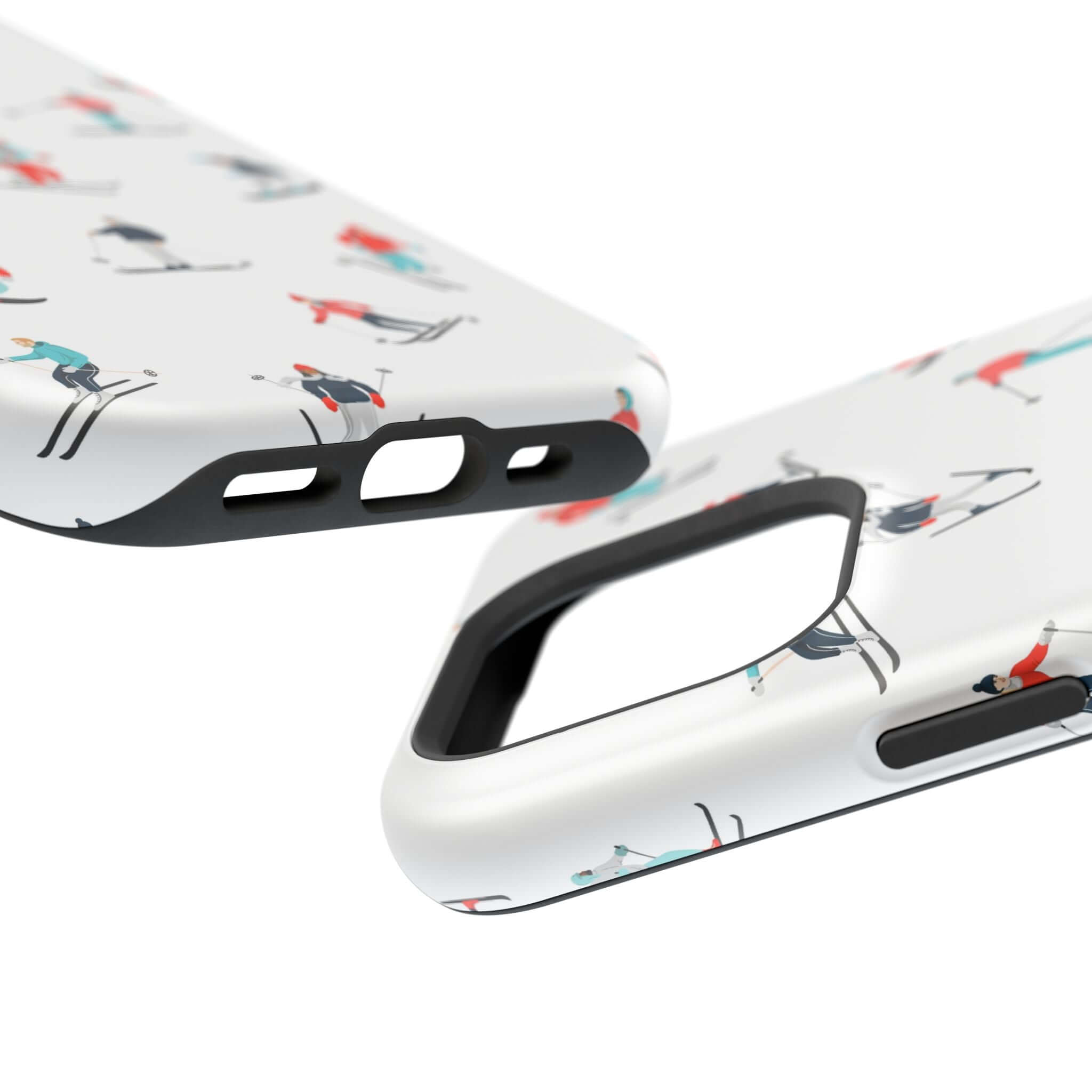 Cute phone cover featuring skiers on a snowy slope, perfect for iPhone users who love winter sports.