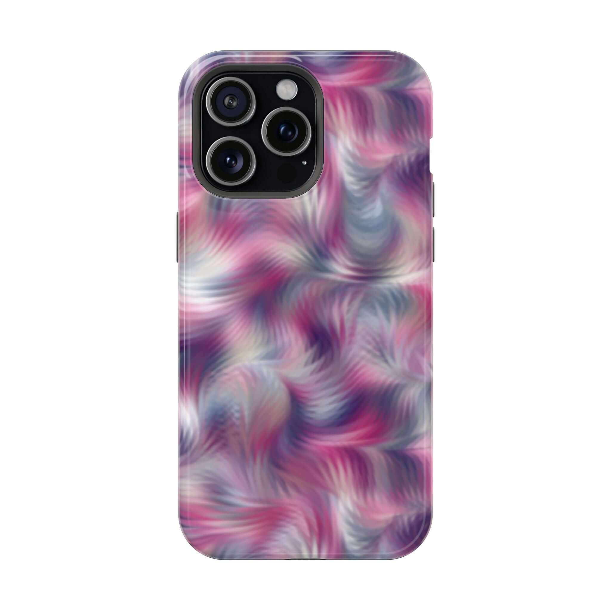 Quirky purple abstract MagSafe iPhone case with tie dye swirl design, a cute phone cover blending floral and playful elements.