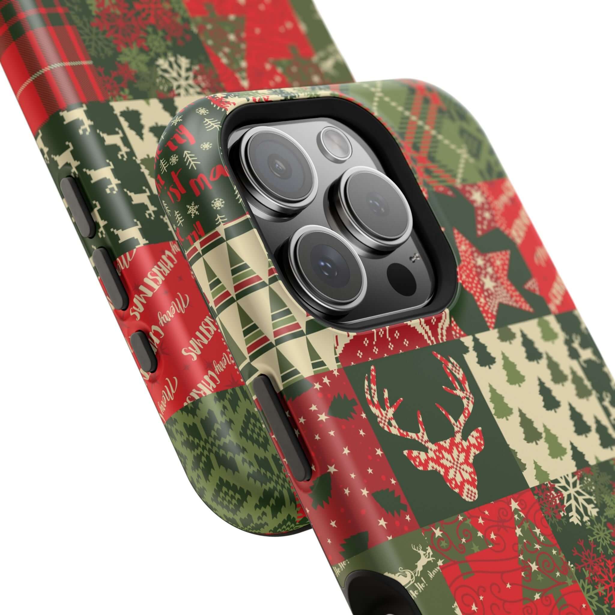 Cozy Quiltmas MagSafe case with festive Christmas pattern and deer design, perfect holiday phone cover for secure attachment.