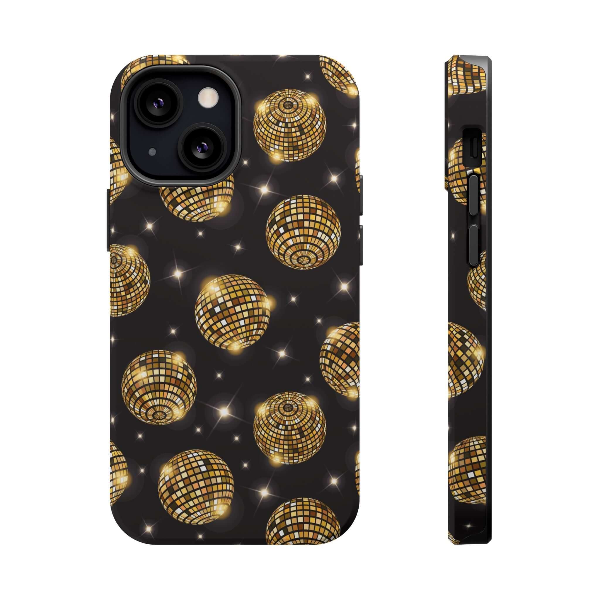 Cute iPhone 14 case with gold disco ball design, perfect phone cover for parties with free shipping