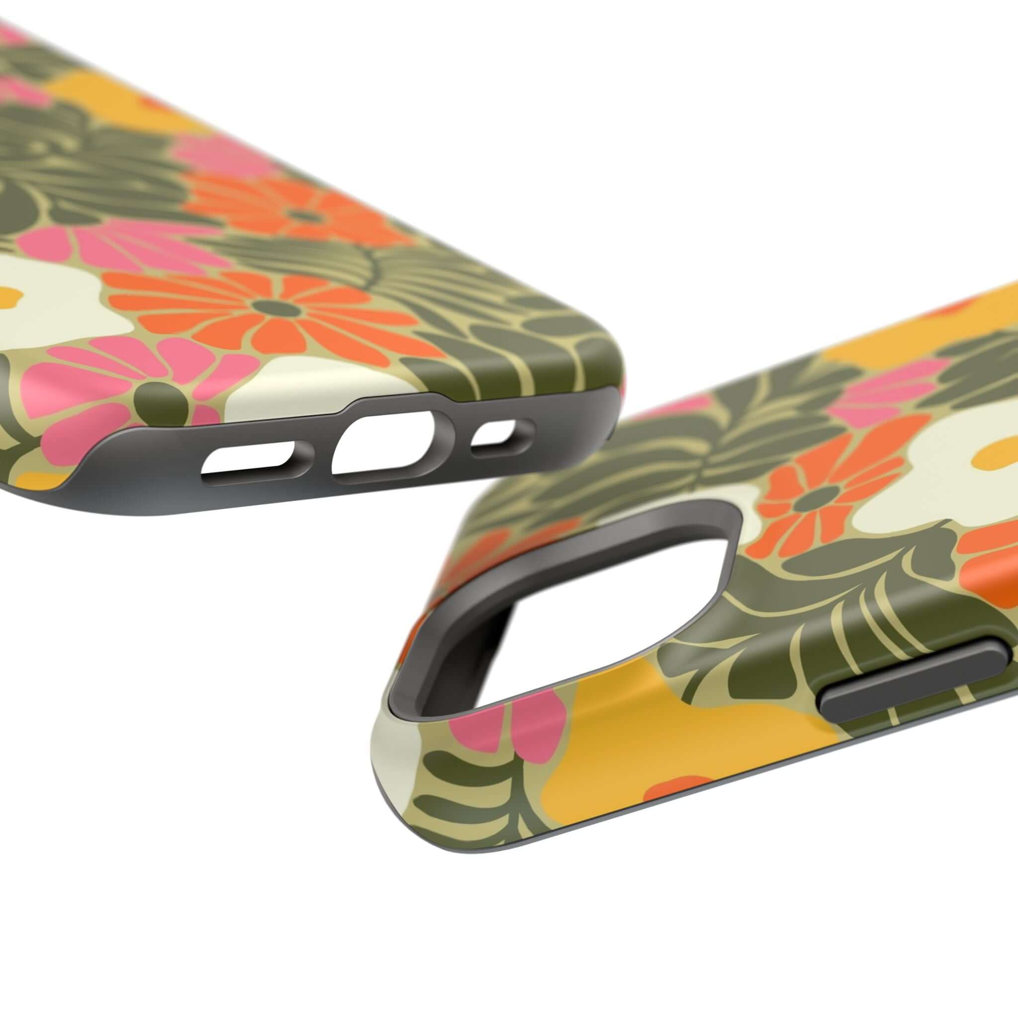 Playful retro floral iPhone case showcasing tropical flowers and vibrant colors, perfect for a cute phone cover.