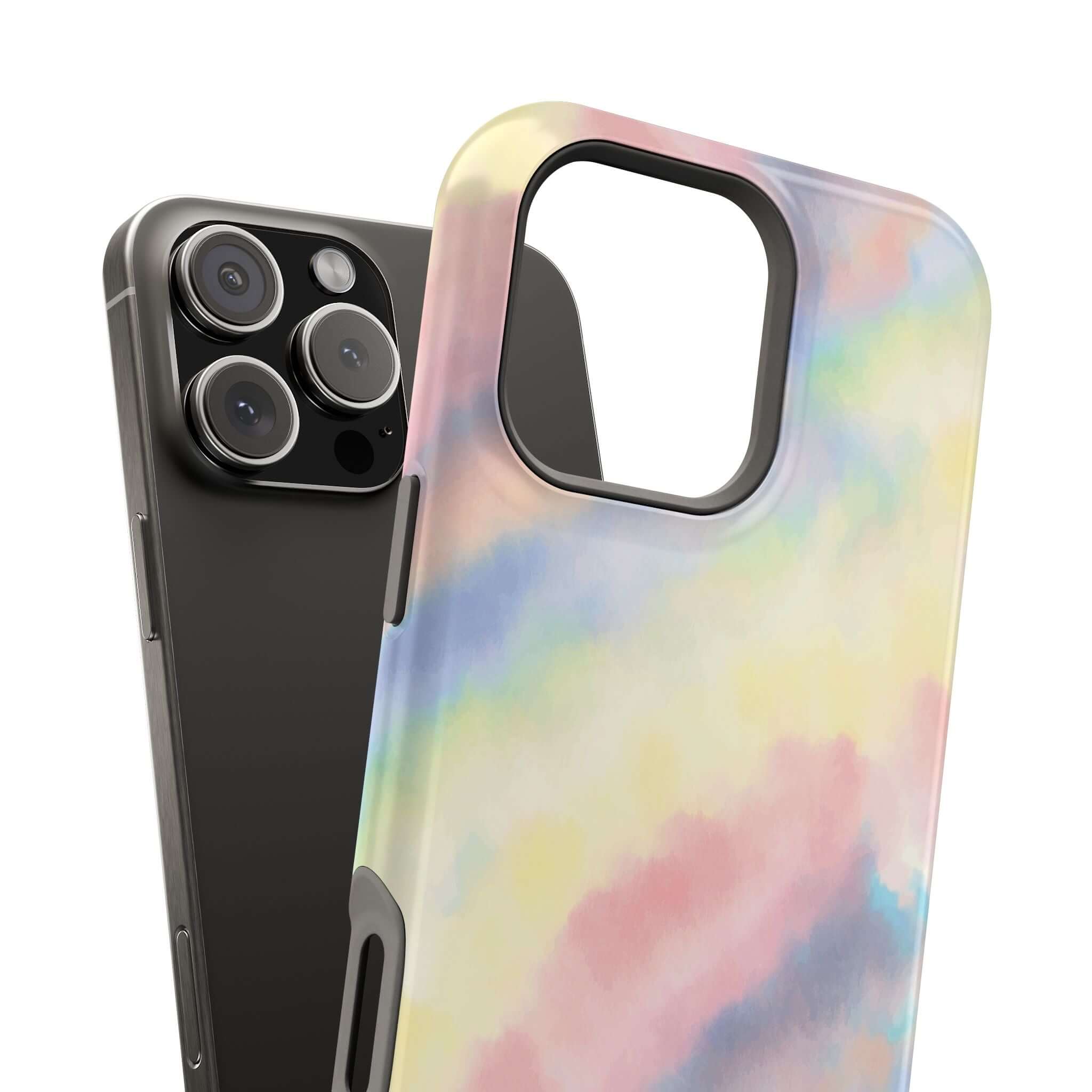 Cute pastel tie dye iPhone case with MagSafe compatibility, perfect custom phone case design for a magical, stylish look.