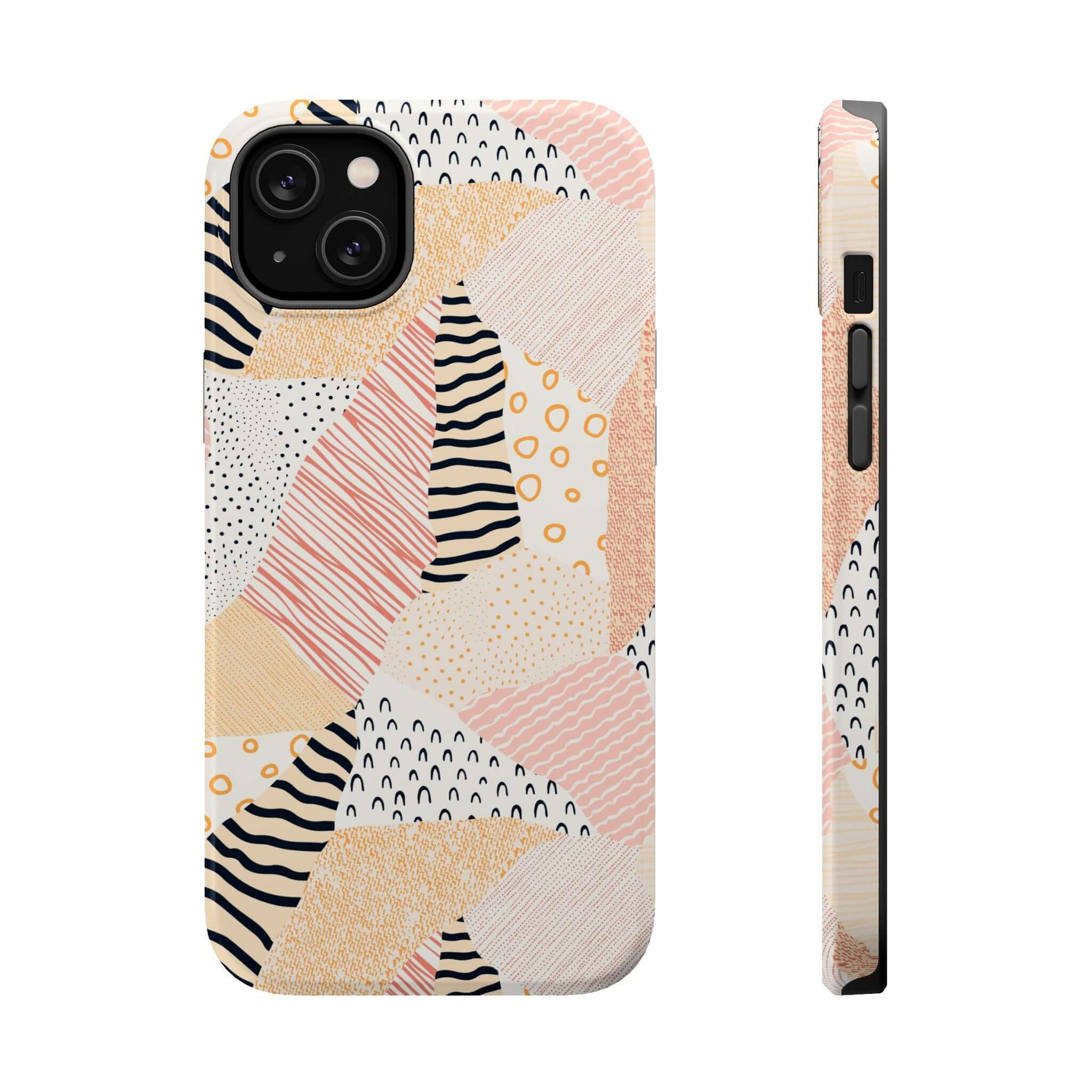 Cute iPhone 16 case, pastel patch colorful design, vibrant patchwork phone cover, peach and multicolor fun accessory.