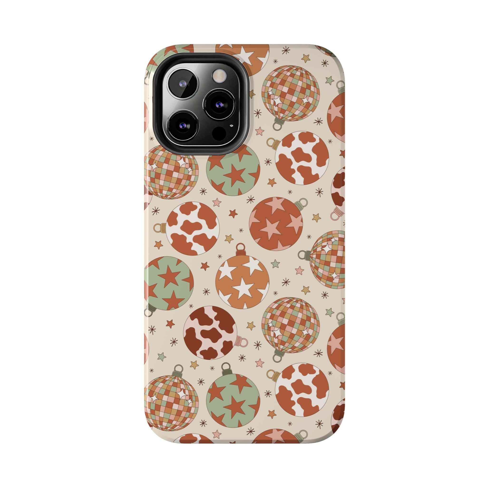 Cute iPhone case with cowgirl Christmas pattern, colorful ornaments, and stars, perfect holiday phone cover gift.