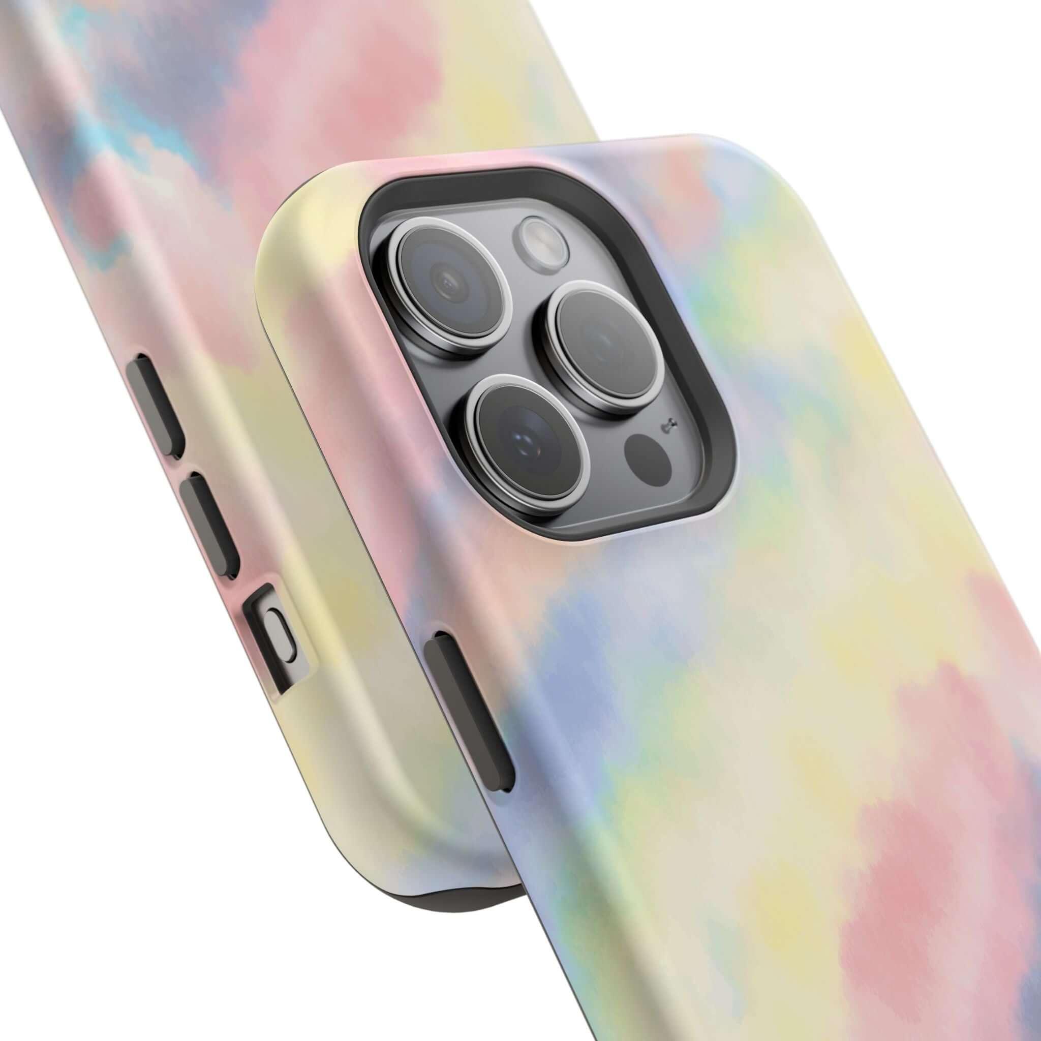 Cute iPhone case with pastel tie dye design and MagSafe compatibility, perfect for personalized phone style.