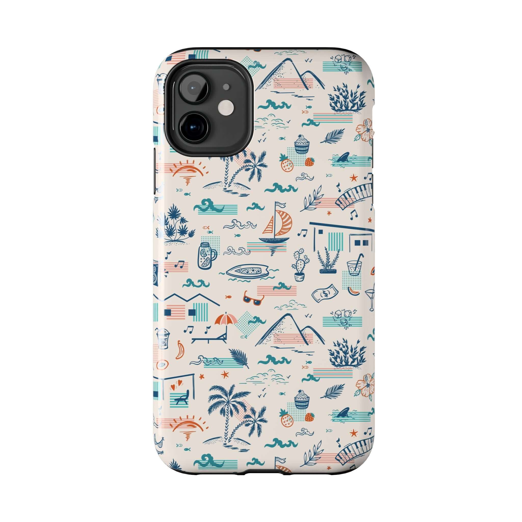 Colorful iPhone case with summer vacation-themed illustrations for iPhone 14 Pro Max or Samsung S23. Cute phone case for holiday vibes.