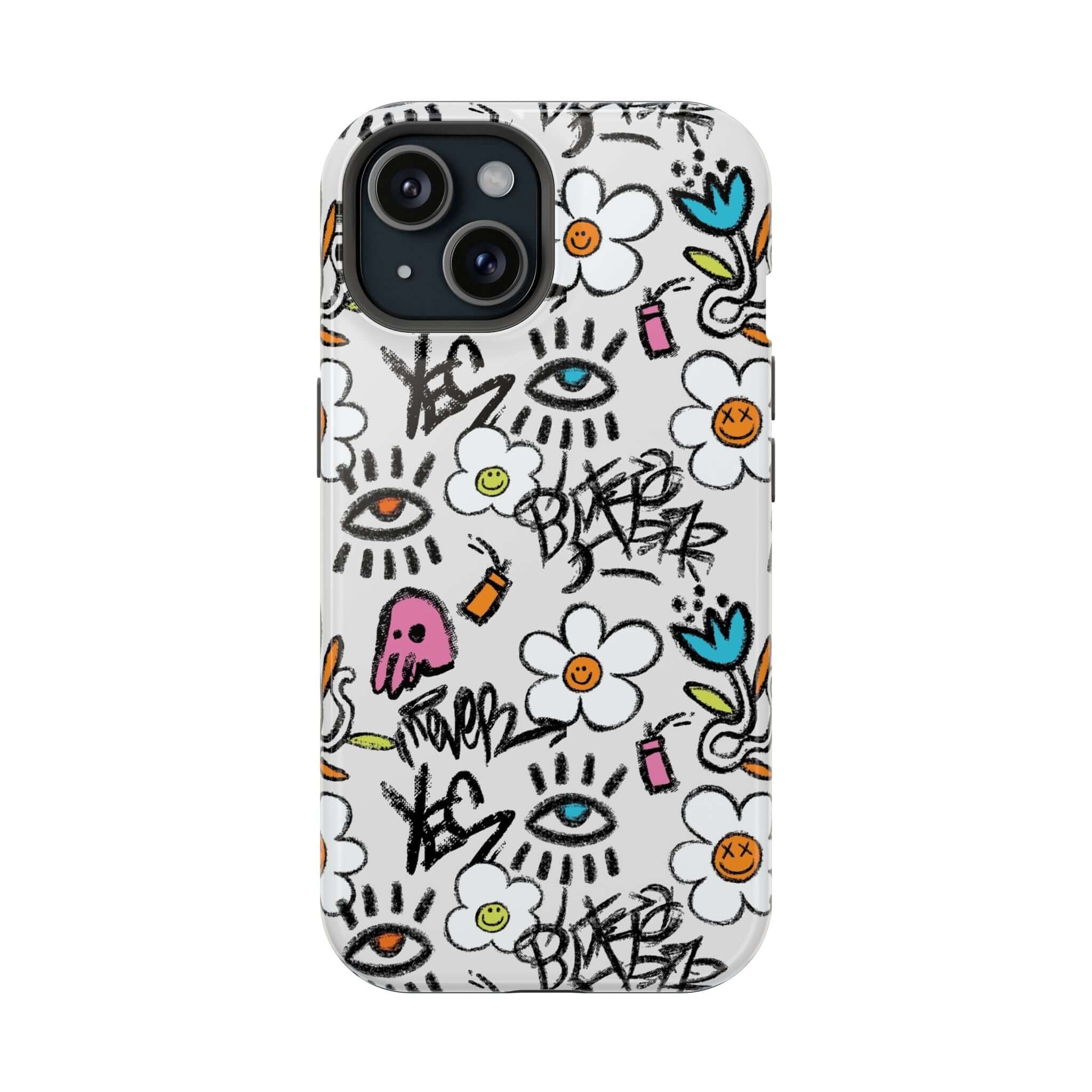 Cute floral graffiti phone case for iPhone, featuring vibrant designs and MagSafe technology, perfect for a playful style.