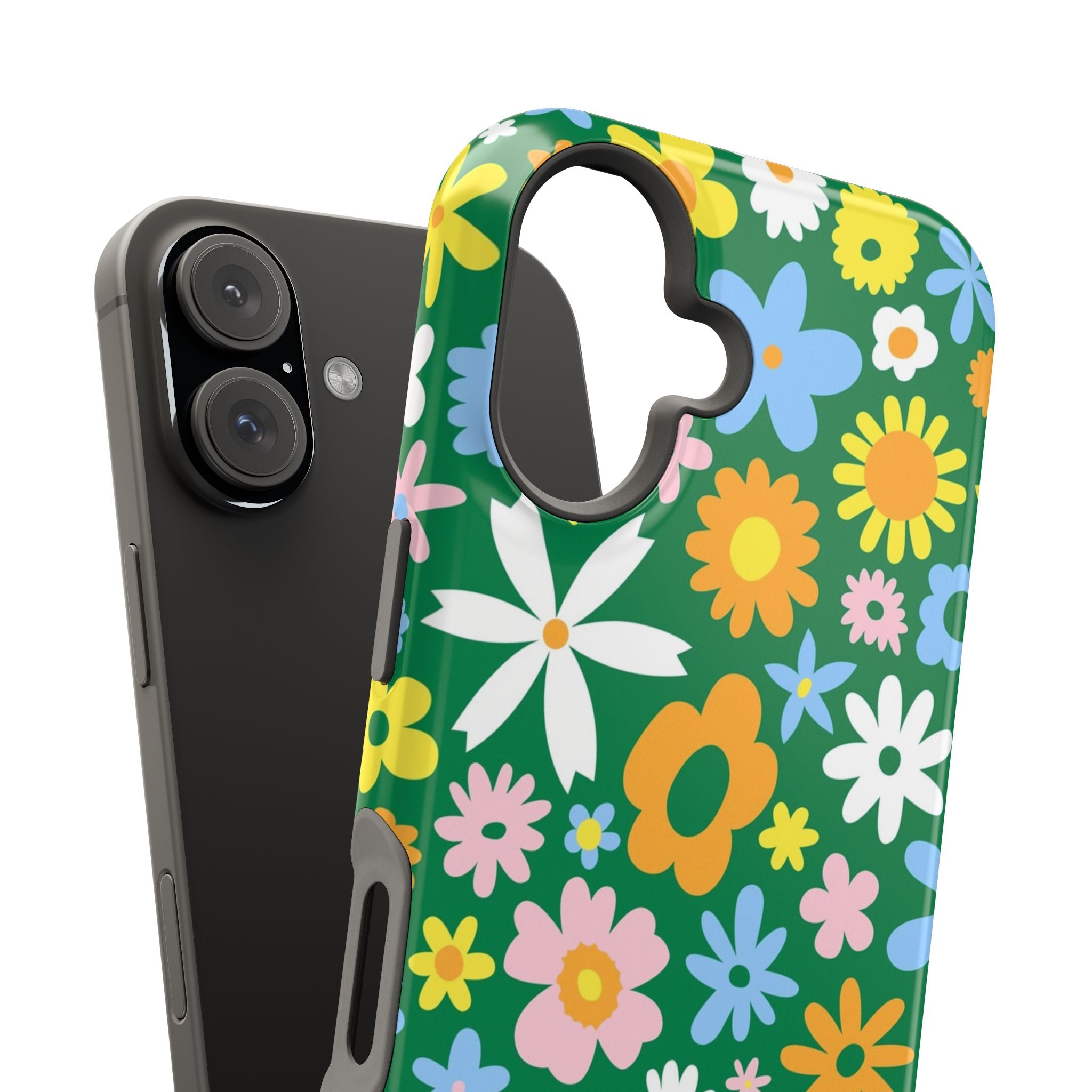 Vibrant hippie floral MagSafe iPhone case with colorful flower design, showcasing a cute phone cover that protects and adds style.