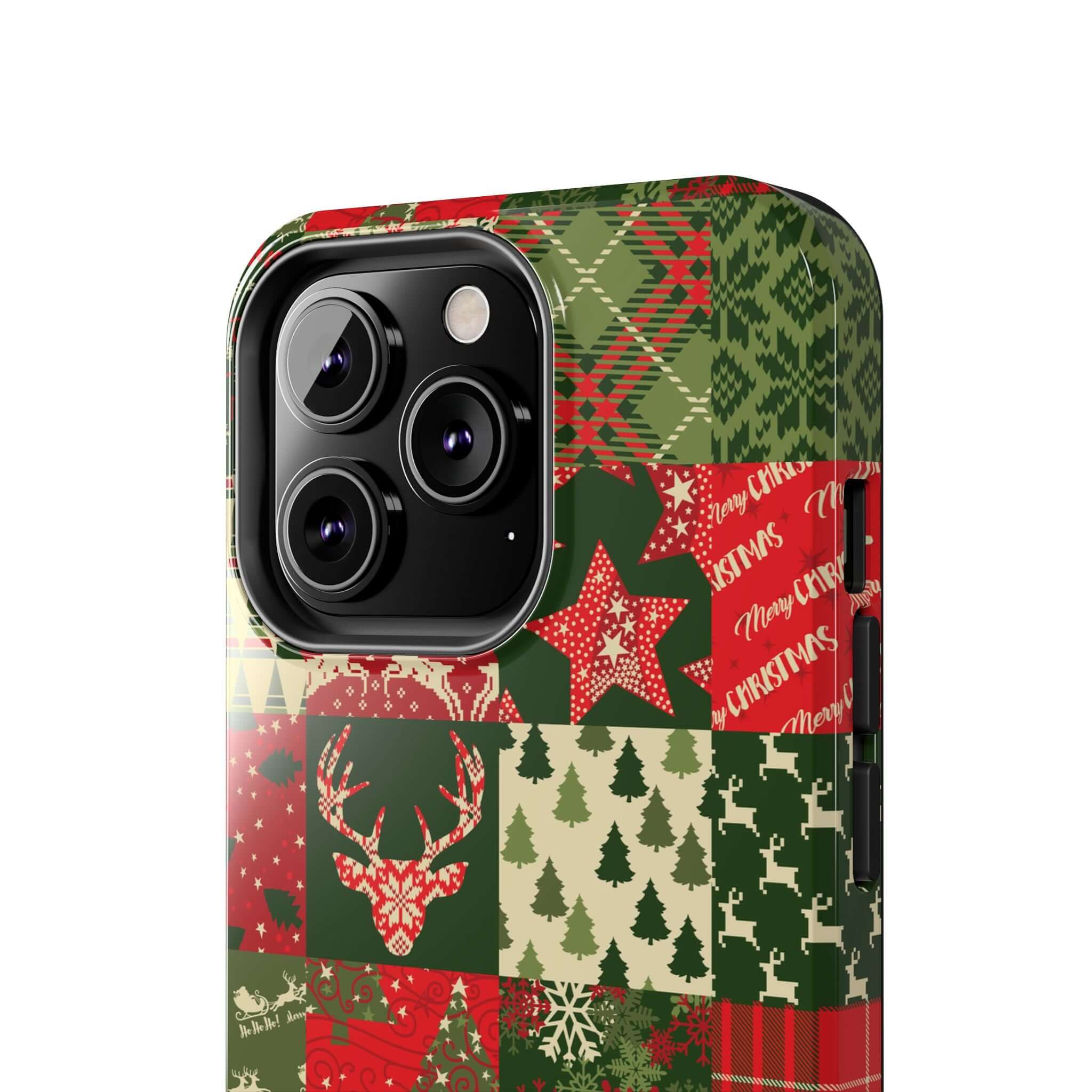 Cute iPhone case with Christmas trees, Santa, and snowflakes design in green and red. Cozy Quiltmas holiday phone case.