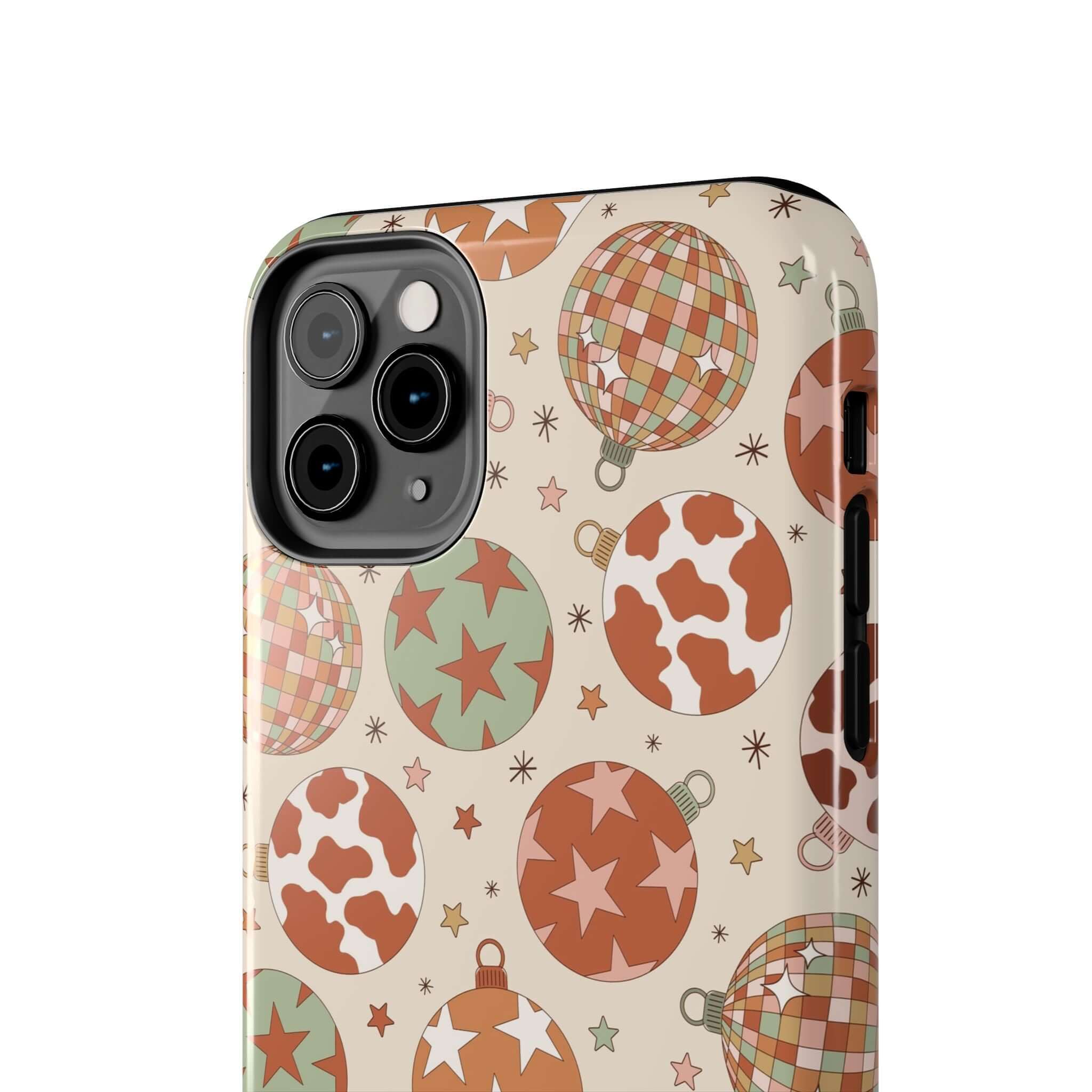 Cute cowgirl Christmas phone case with colorful festive ornament pattern, perfect holiday iPhone cover accessory.