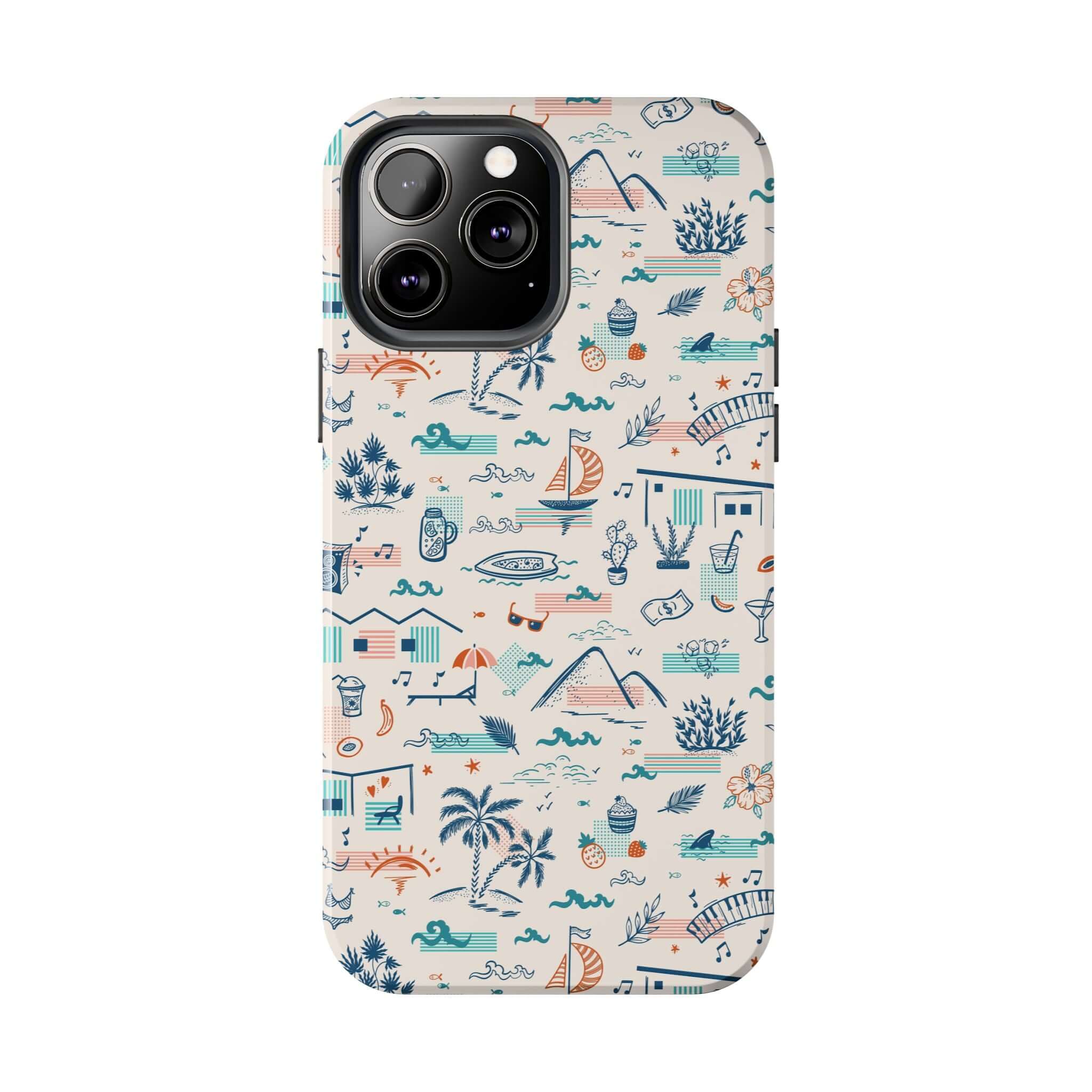 Colorful summer-themed iPhone case with beach and vacation icons for iPhone 14 Pro Max and Samsung S23.