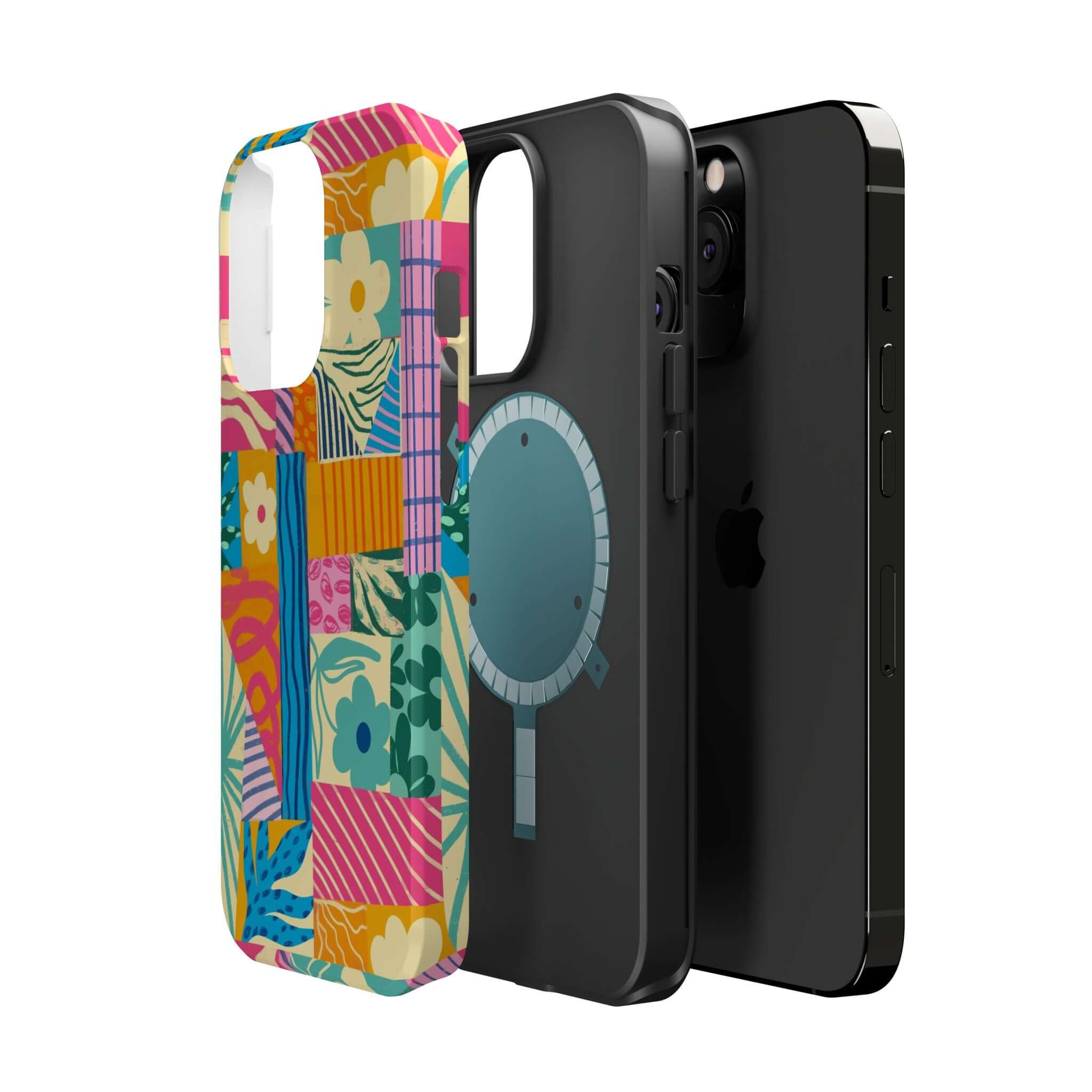 Colorful Patchwork Case for iPhone 16 featuring cute floral and geometric design, perfect for beach lovers and vibrant phone protection.