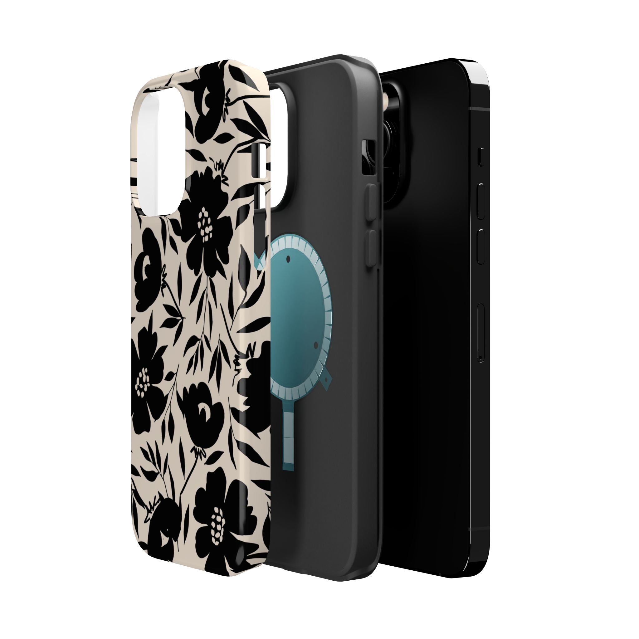 Eclipse Garden Black Floral iPhone 16 Case, Cute Phone Case with bold flower design, standing out in style.