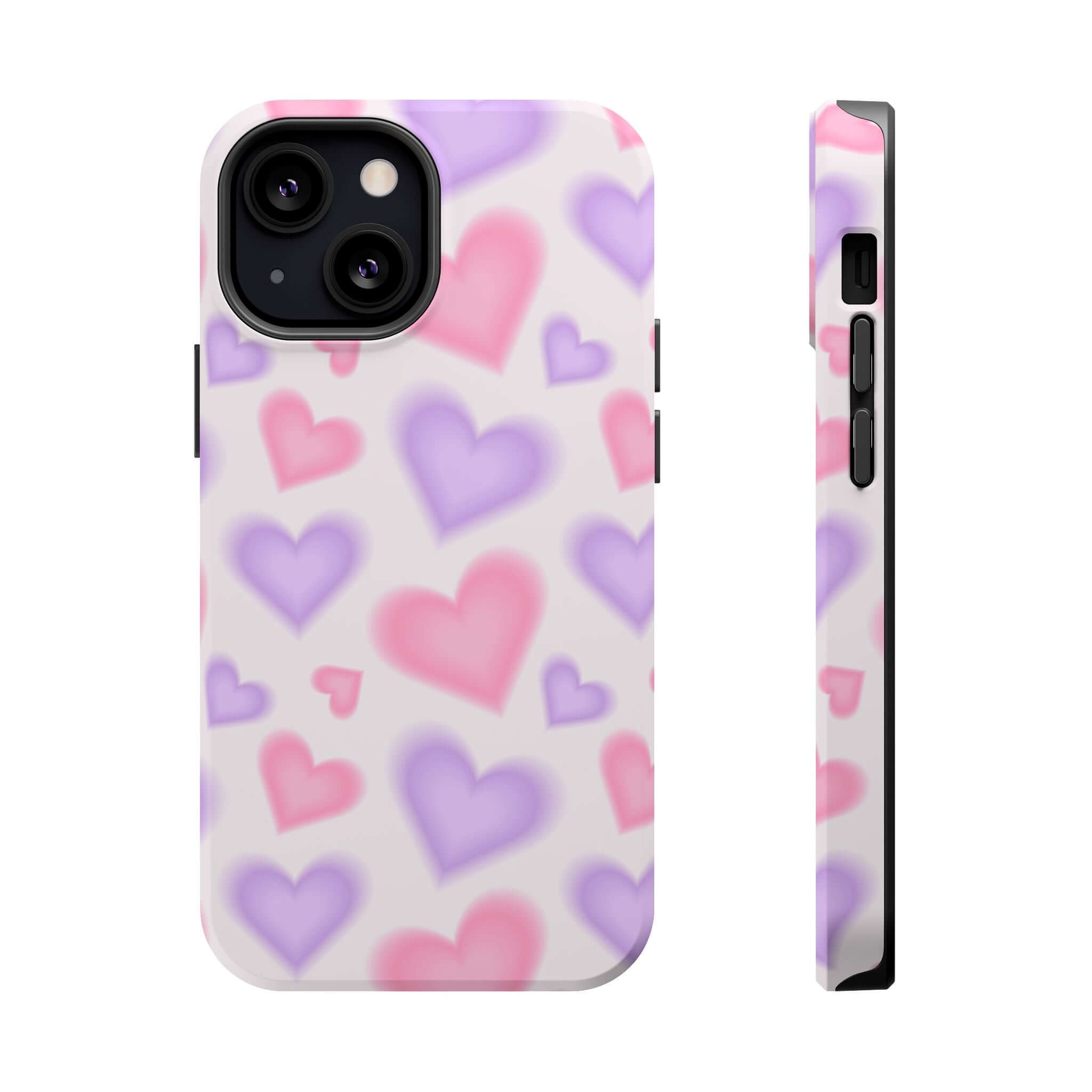 Cute phone cover featuring blurred pink and purple hearts designed for Apple iPhone, perfect for adding a playful touch.