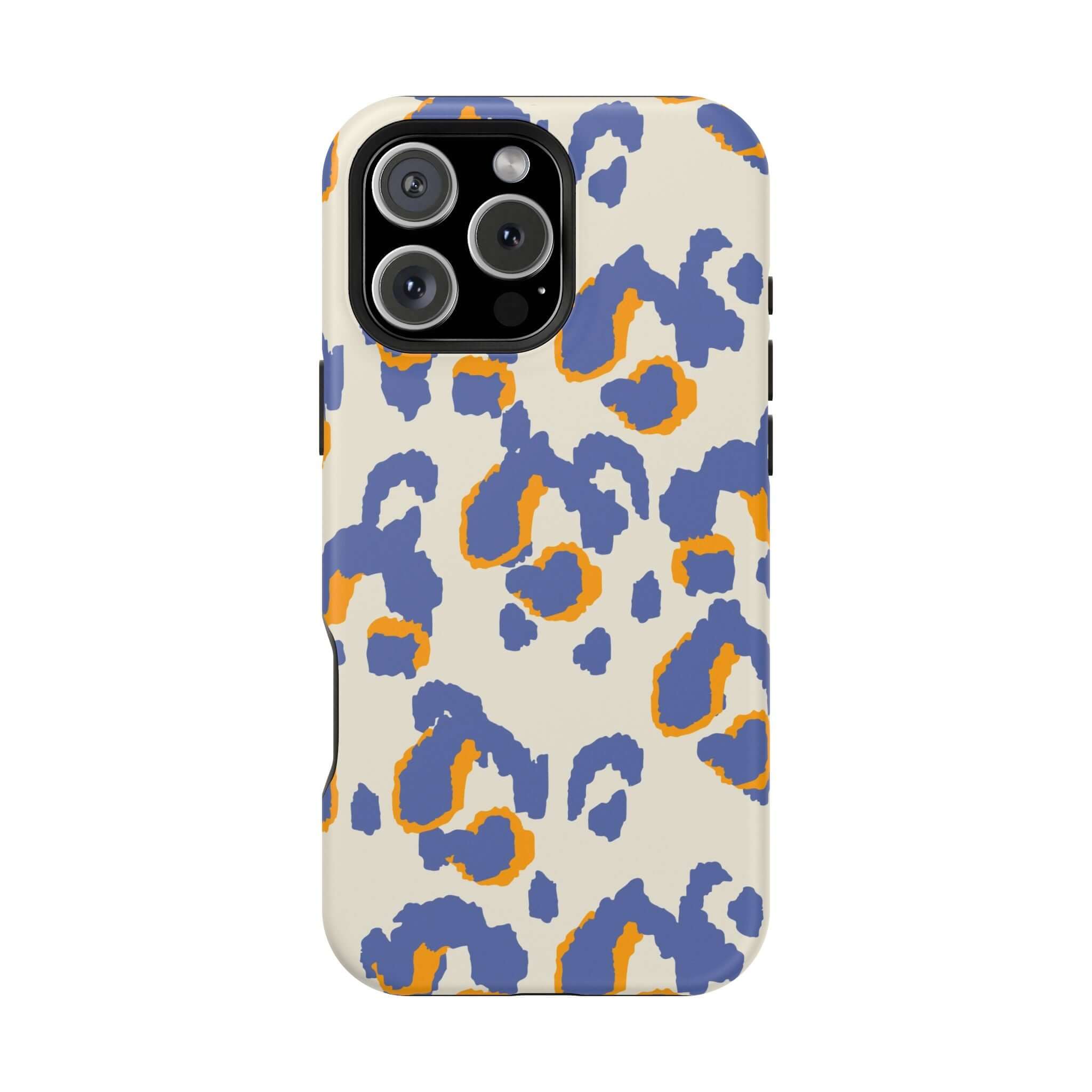 Colorful iPhone case with blue leopard print, cute and abstract design, Safari Blaze MagSafe case for a stylish phone accessory.