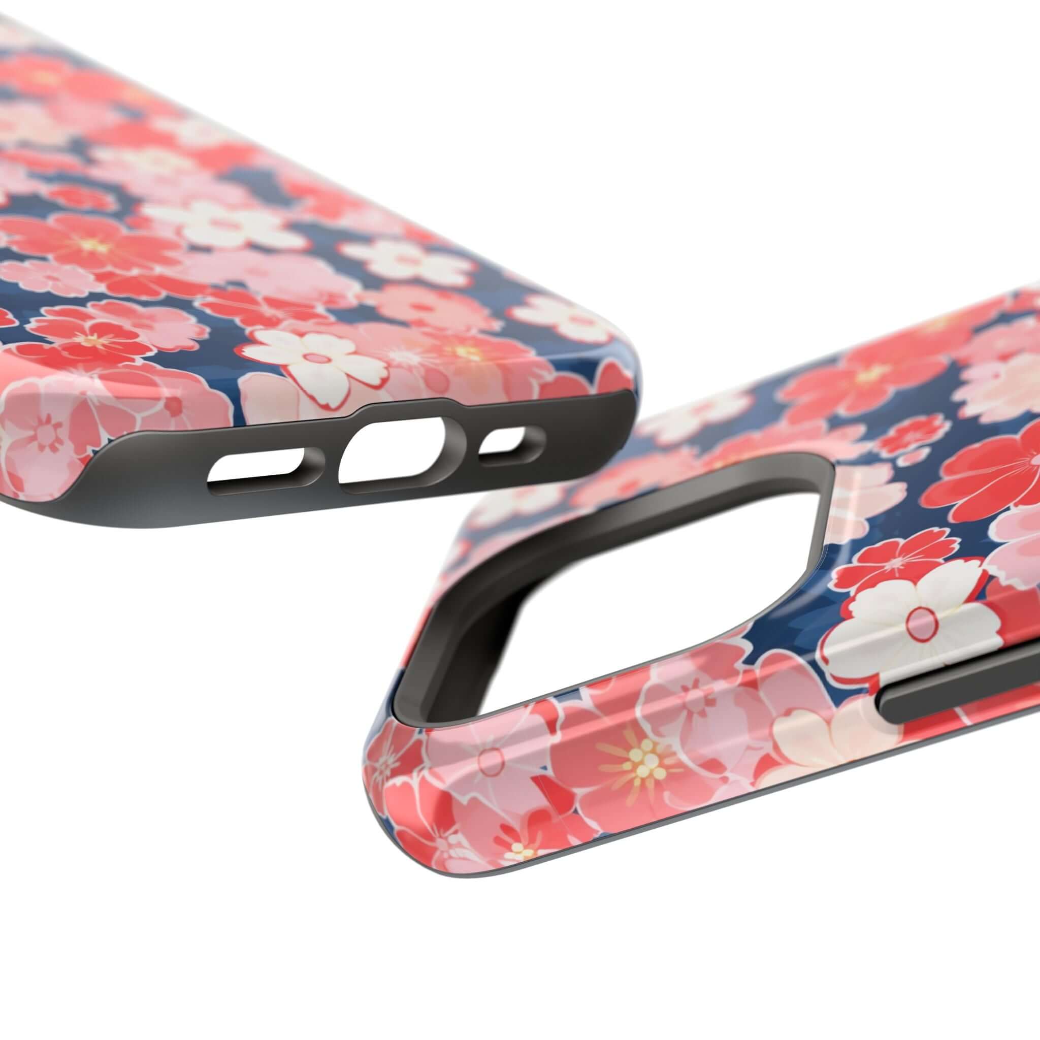 Pink floral iPhone 14 Pro Max case showcasing detailed floral pattern and precise cutouts. Perfect fit phone case with free shipping.