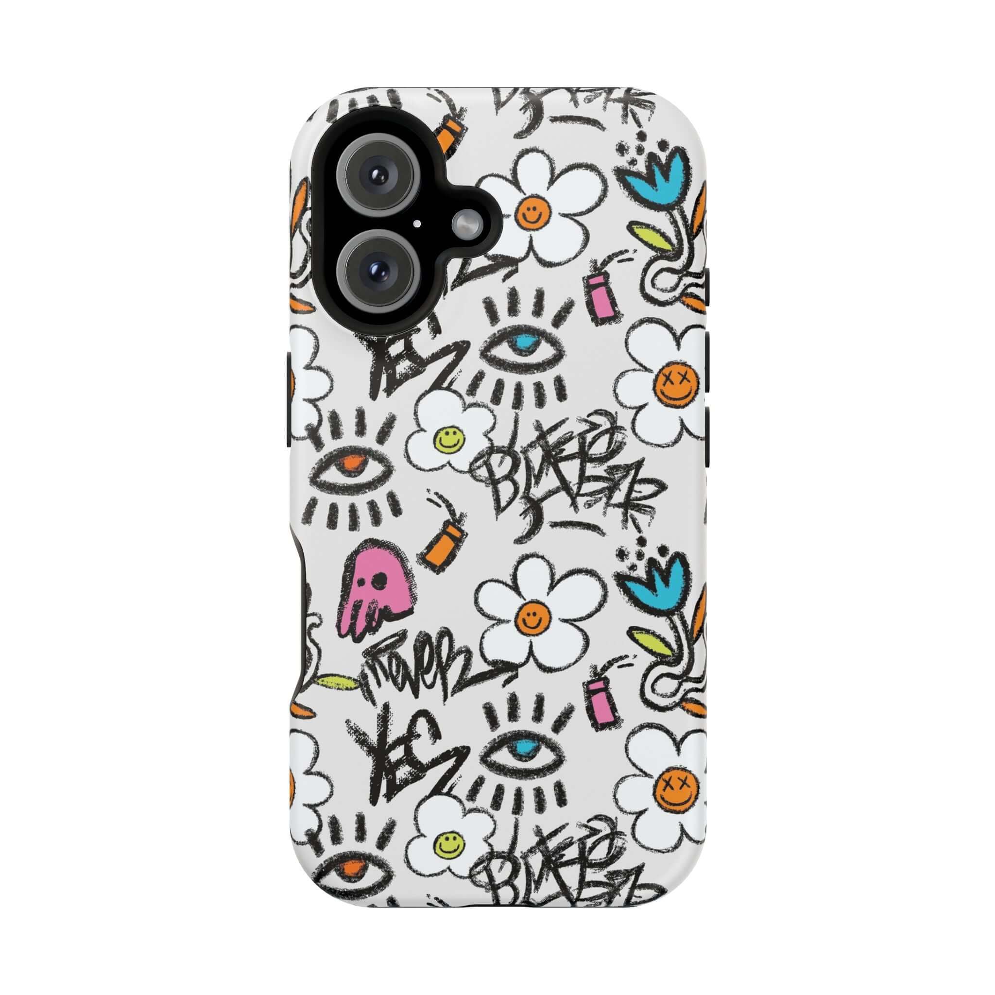 Happy Chaos Floral Graffiti Case for iPhone, featuring vibrant colors and cute designs for a playful phone cover.