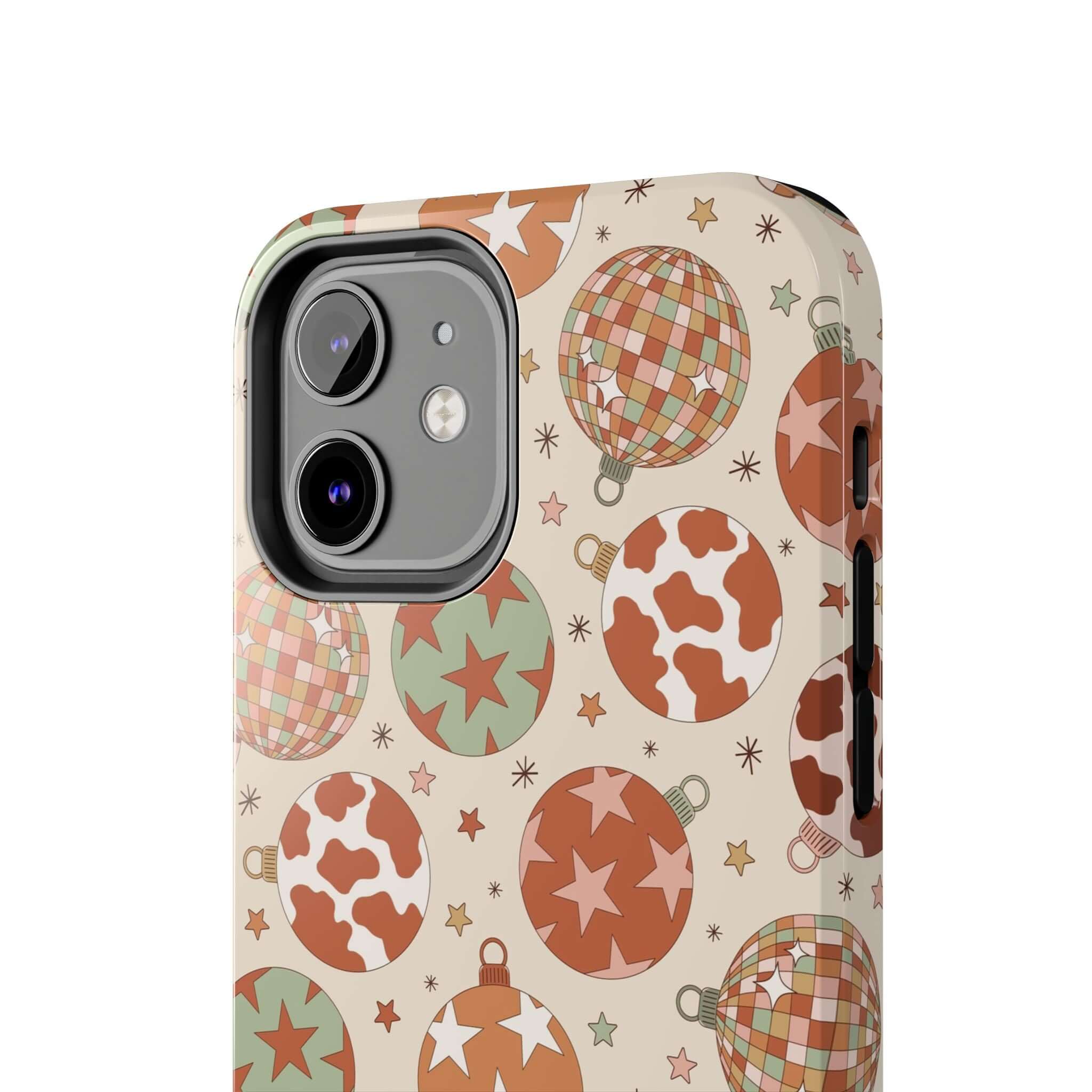 Cute iPhone case with western Christmas ornaments pattern, colorful and quirky holiday phone cover.