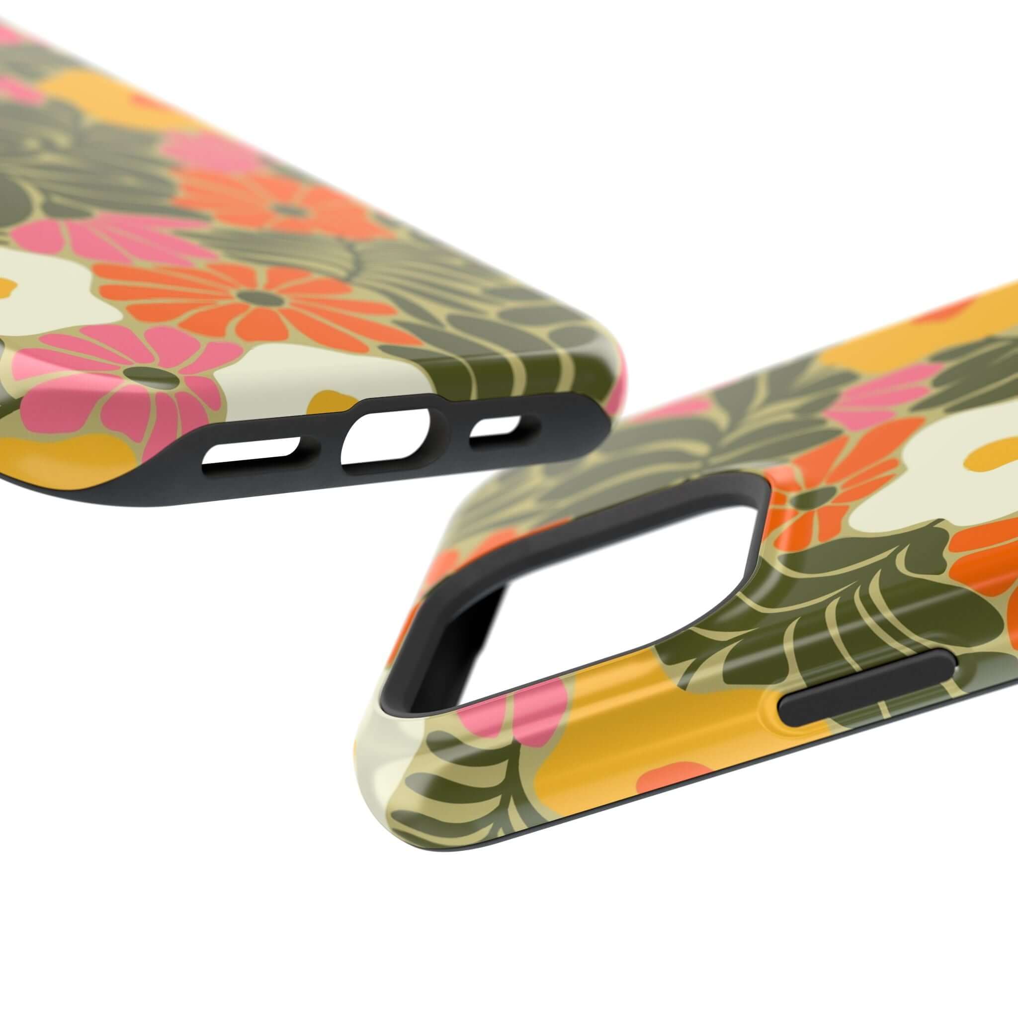 Close-up of a retro floral phone case, showcasing vibrant tropical flowers and MagSafe compatibility for Apple iPhone.