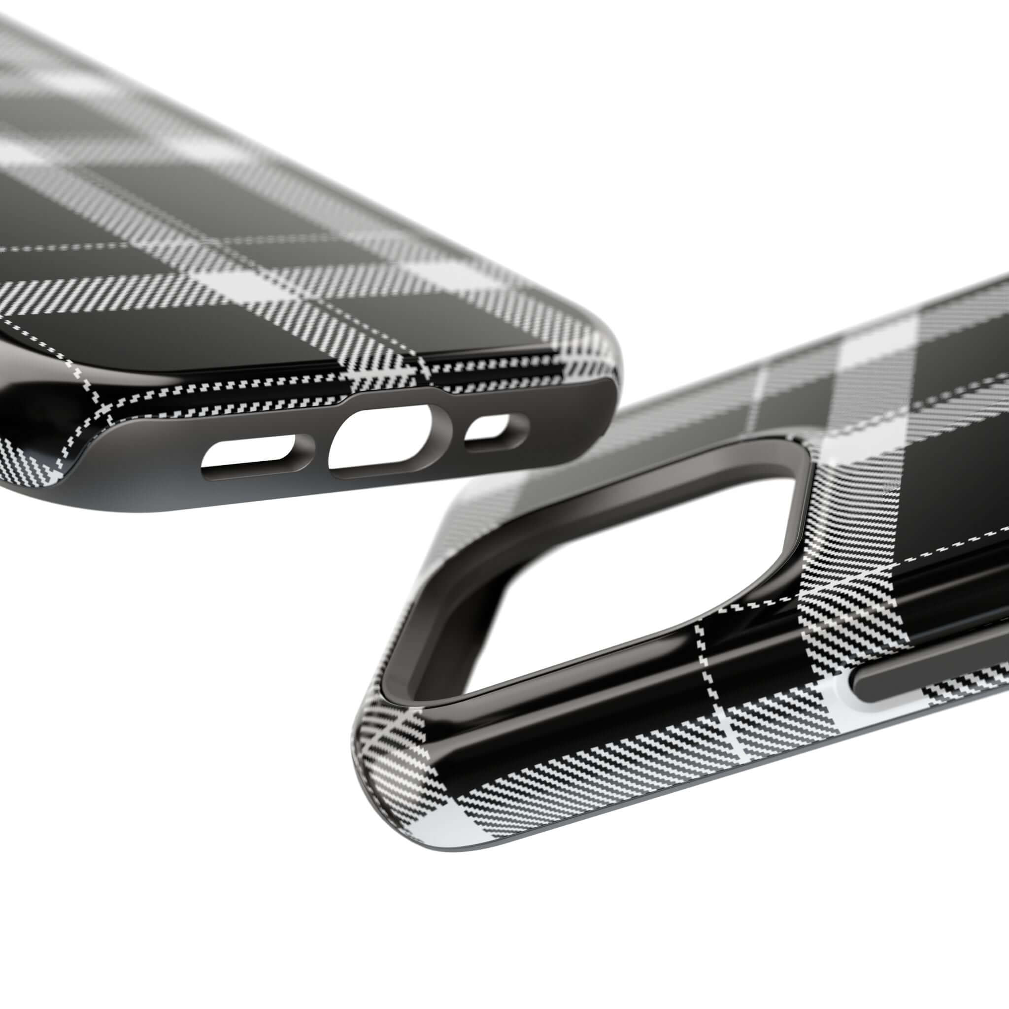 Close-up of a classic black plaid phone case, showcasing its stylish design and protective features for Apple iPhone.