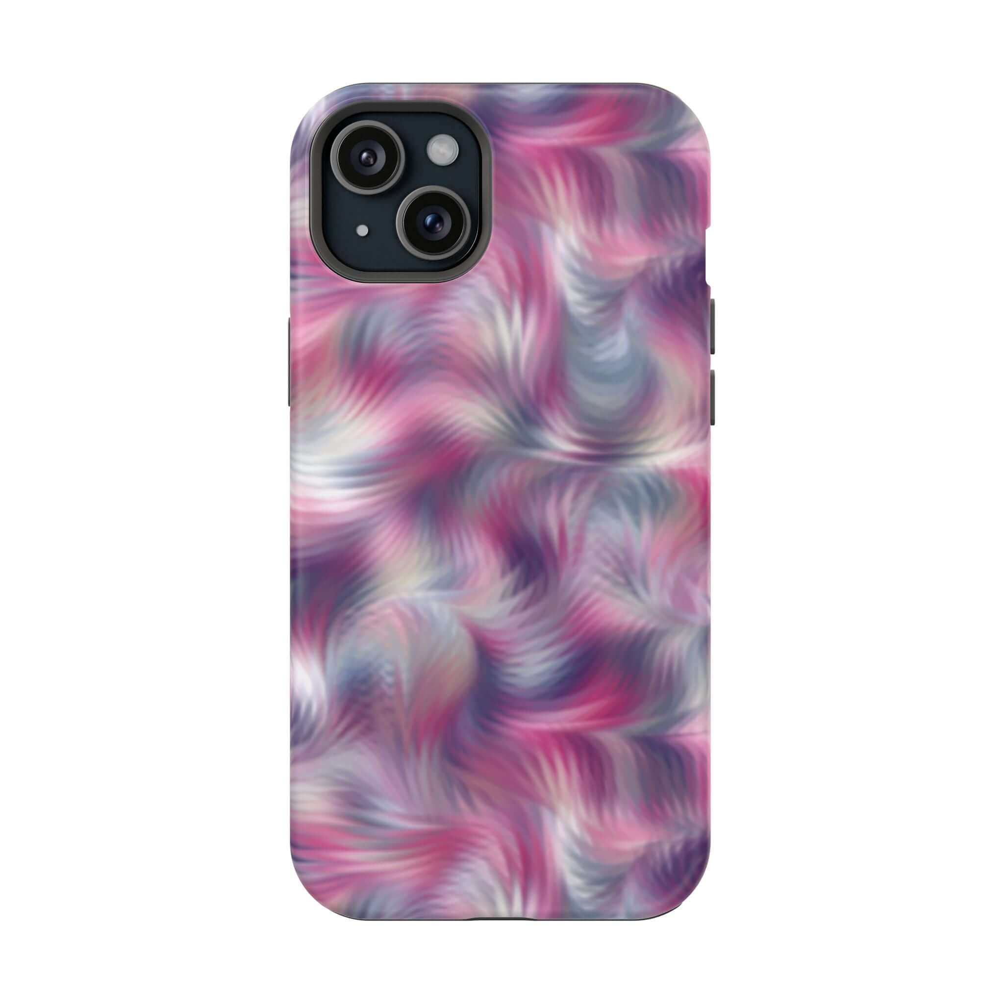 Quirky MagSafe iPhone case with purple abstract tie dye swirl design, perfect as a cute phone cover and floral iPhone case alternative.