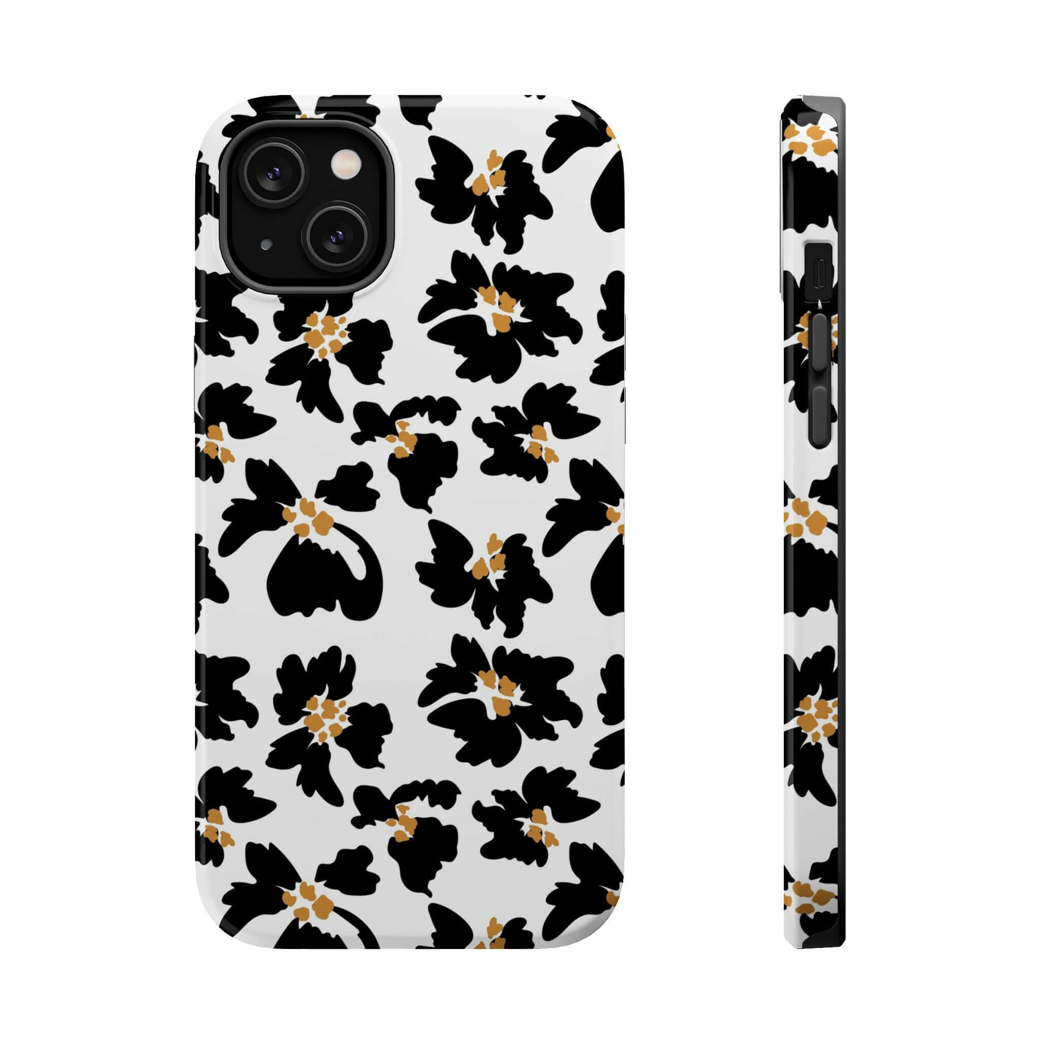 Stylish Noir Flora black floral iPhone case with modern and cute animal print design, featuring MagSafe compatibility.