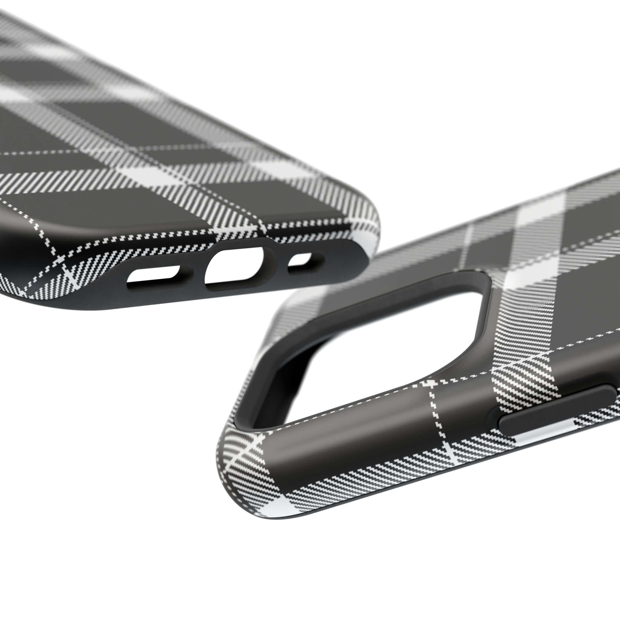 Stylish black plaid phone case detail, perfect cute phone cover for Apple iPhone users wanting protection and flair.