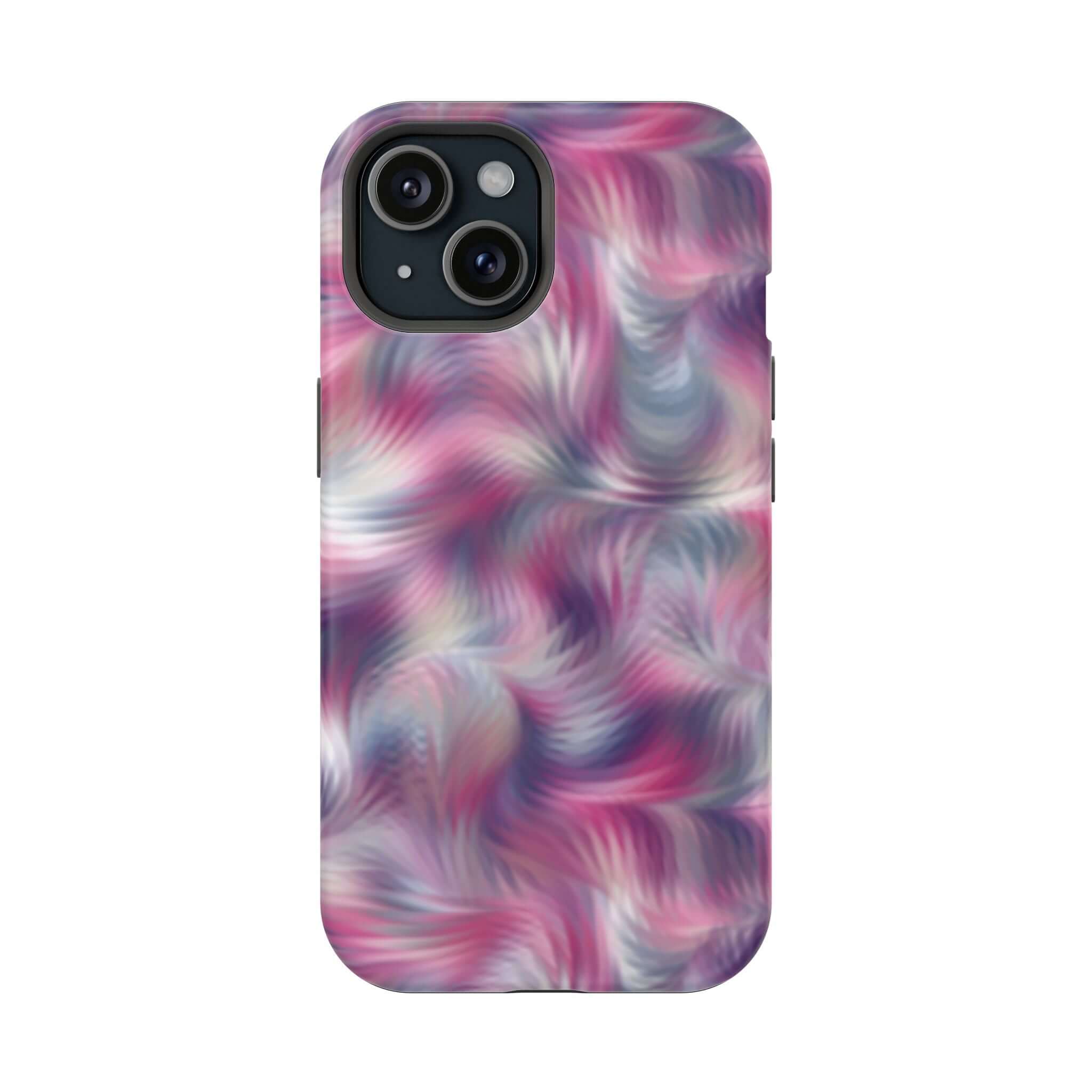 MagSafe iPhone case with purple tie dye swirl design, a cute phone cover to showcase your playful style with this abstract floral pattern.