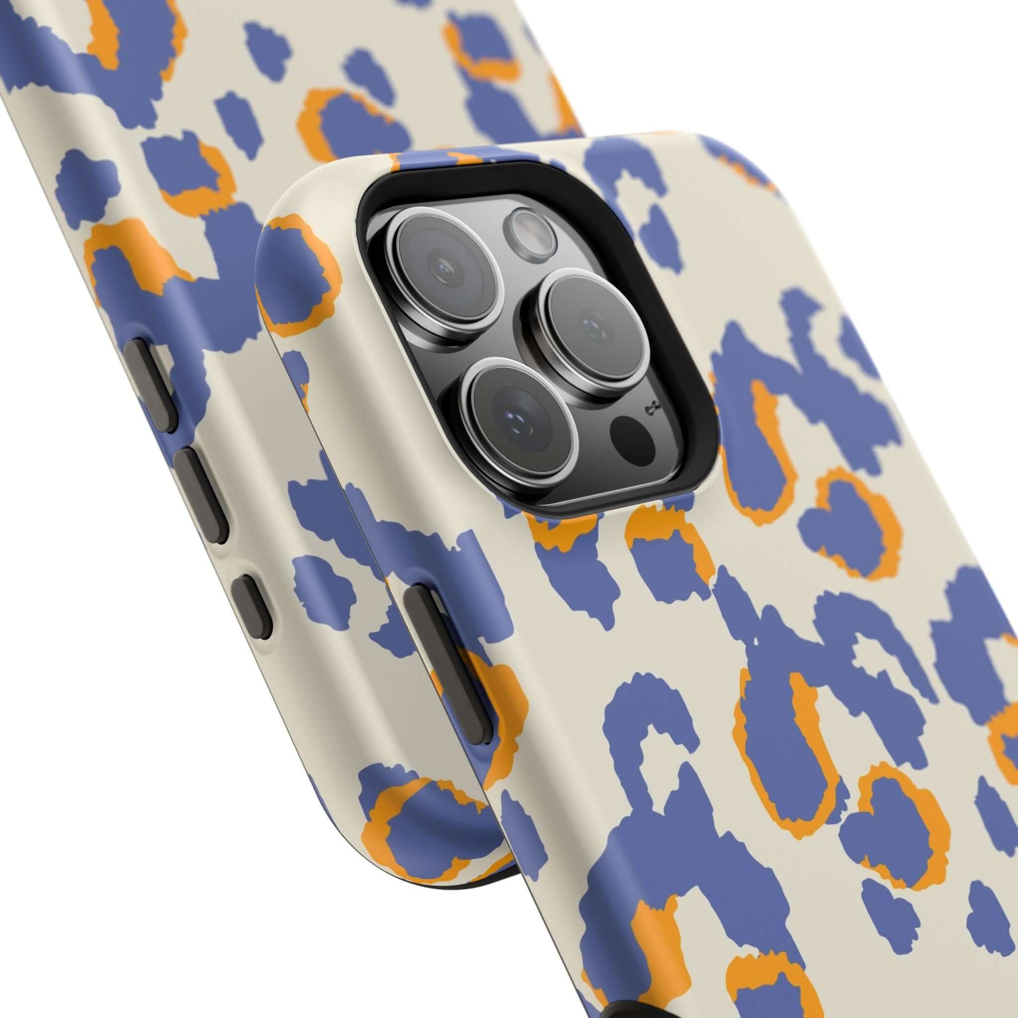 Blue leopard print MagSafe case for iPhone, featuring abstract and colorful design for a cute and stylish look.