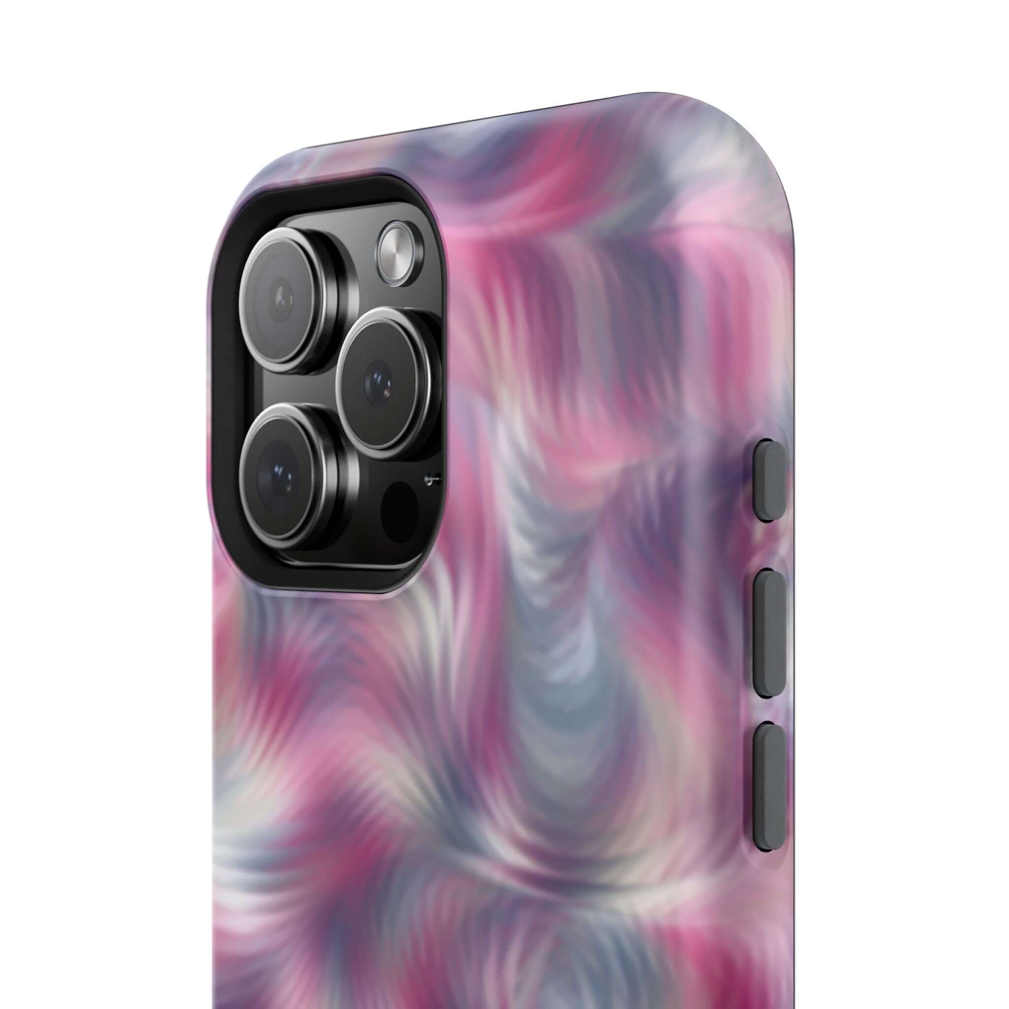 Purple abstract MagSafe iPhone case with tie dye swirl design, showcasing cute phone cover style and playful personality.