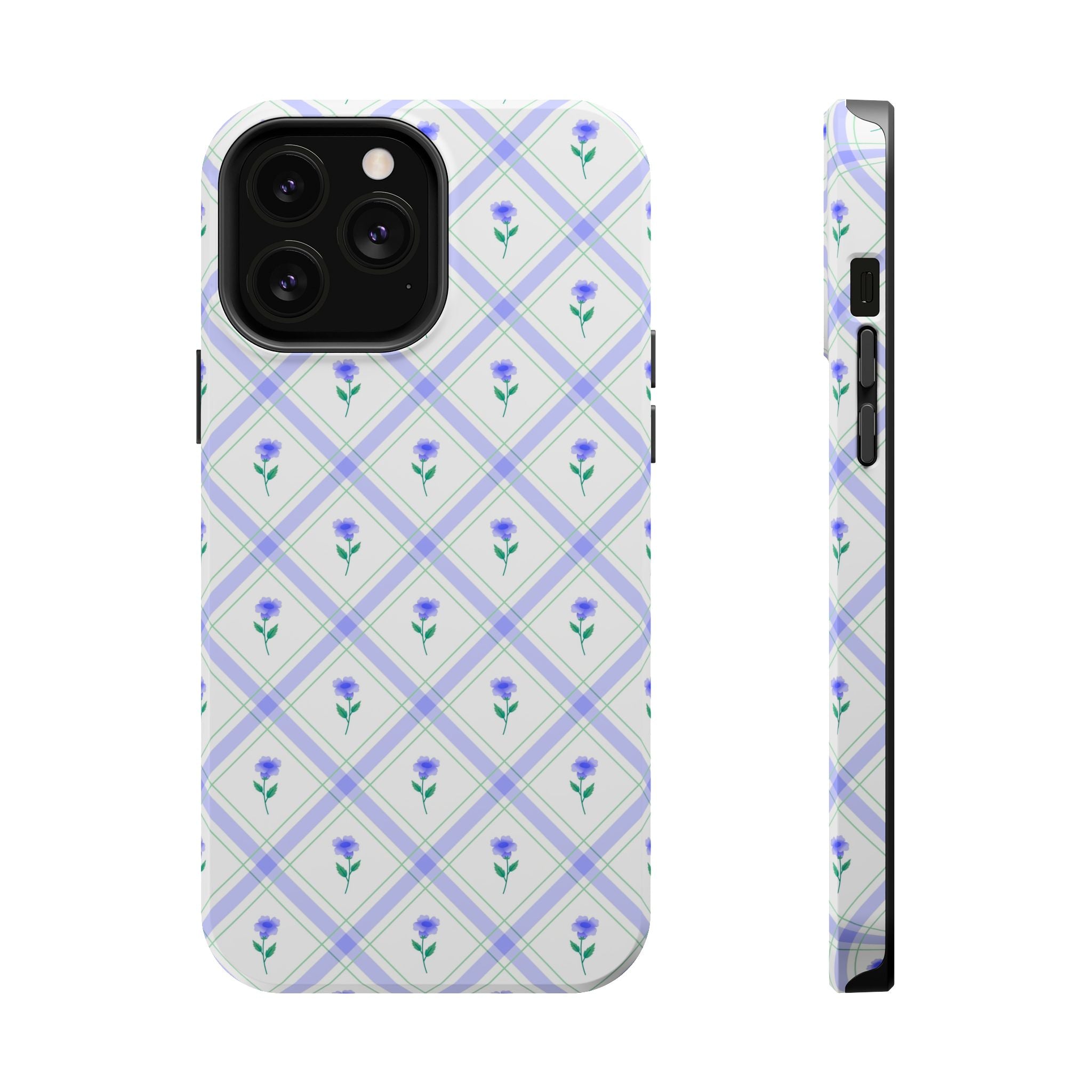 Cute phone case with a blue floral design pattern for iPhone, offering stylish protection and elegance.