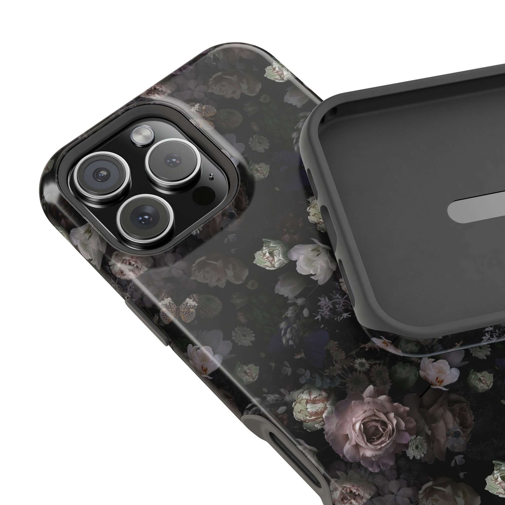 Midnight Curse MagSafe iPhone Case featuring black floral design, a cute and stylish phone cover for your iPhone protection.