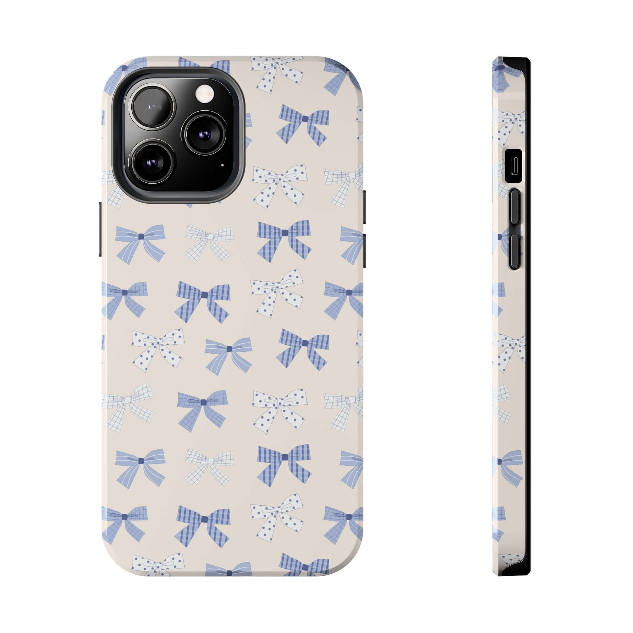 Cute phone case for iPhone 16 with blue bows and a playful design, perfect for brides-to-be.