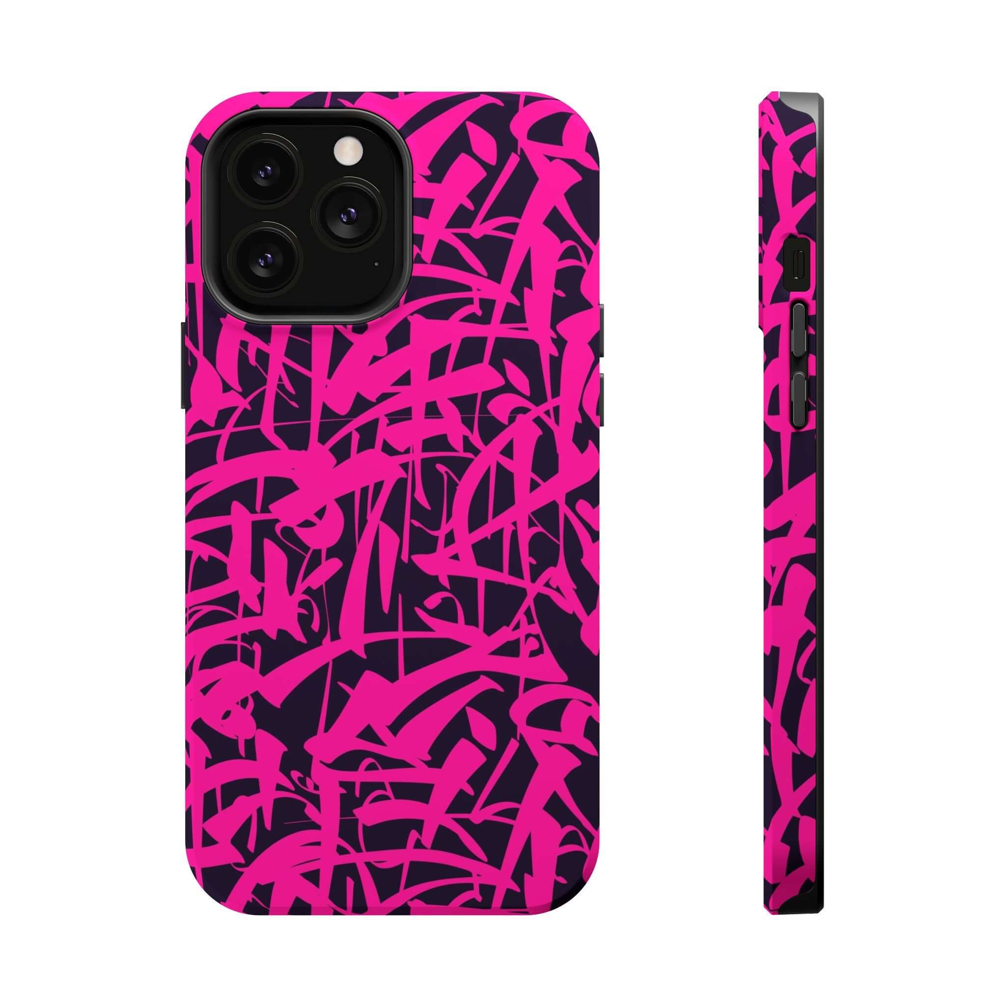 Cute pink art phone case for iPhone, featuring bold abstract design on a midnight background. Perfect for style and protection!