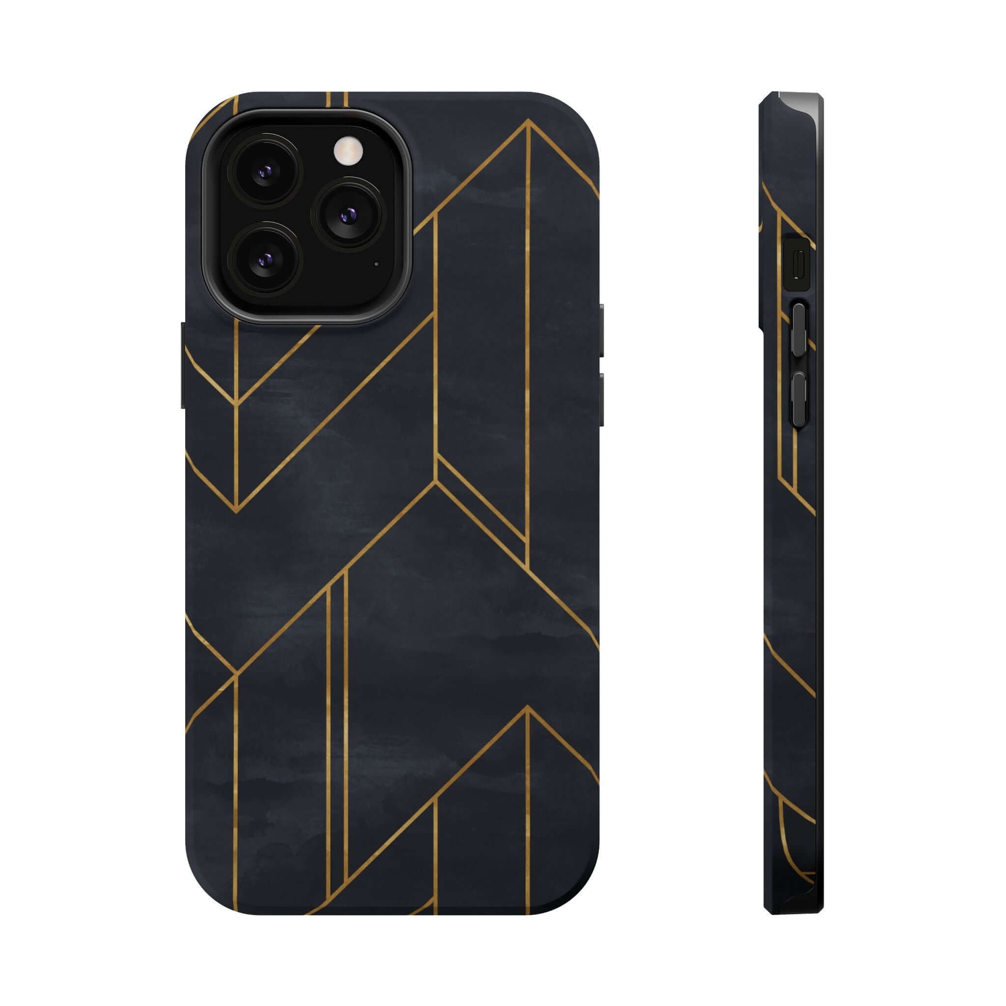 Sleek black geometric iPhone case with gold lines, adding modern abstract style and protection as a cute, colorful phone accessory.