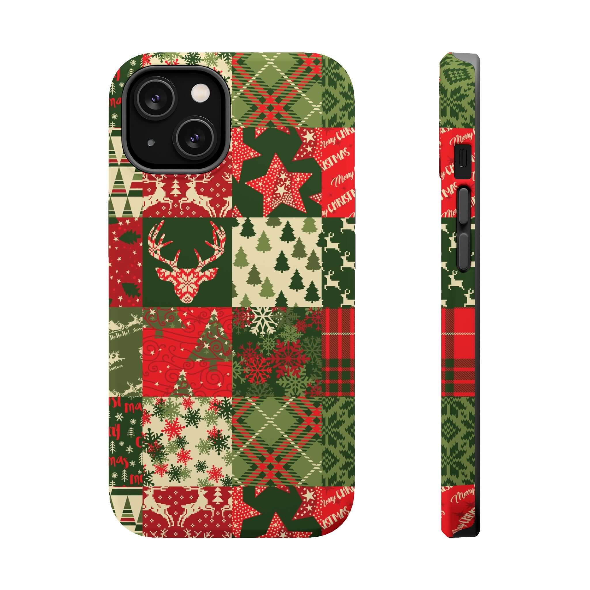 Festive Cozy Quiltmas MagSafe case with Christmas patchwork design, perfect holiday phone cover with secure and stylish features.