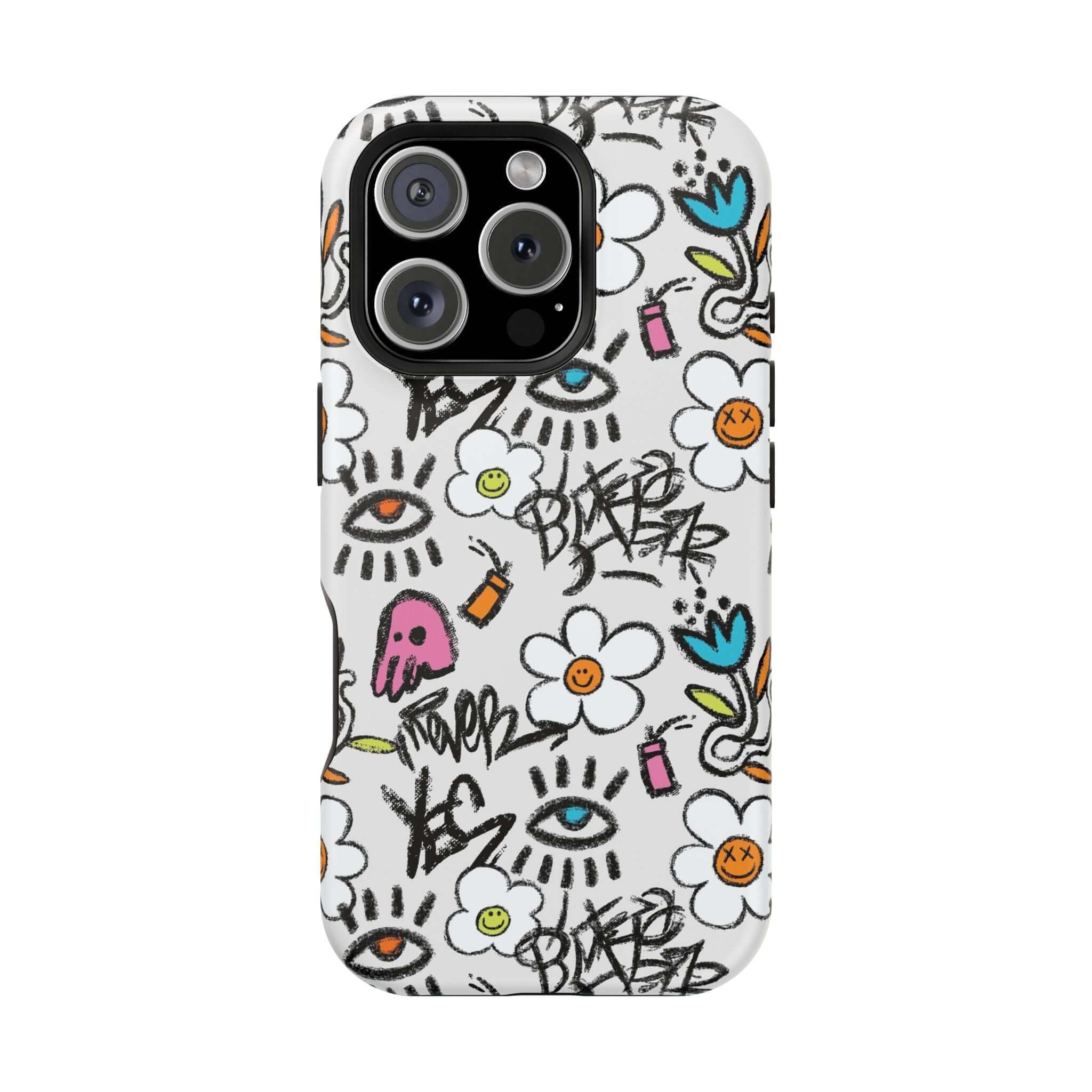 Happy Chaos Floral Graffiti Case for iPhone, a cute phone cover with vibrant designs and MagSafe technology.