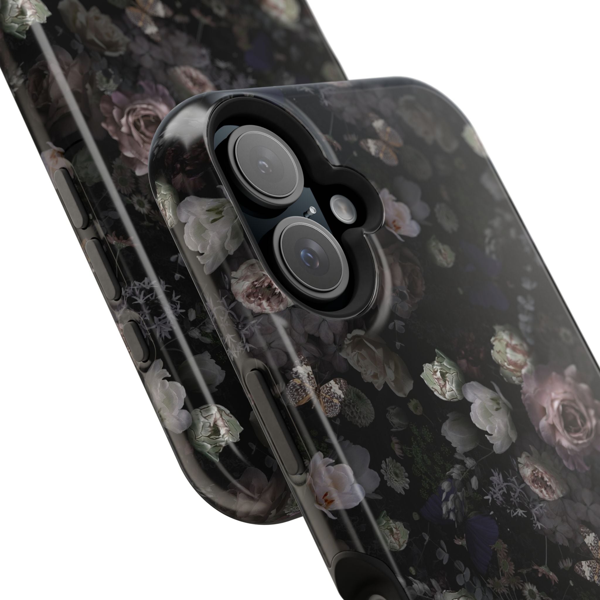 Midnight Curse MagSafe iPhone Case with black floral design, a cute phone cover featuring elegant roses for stylish protection.