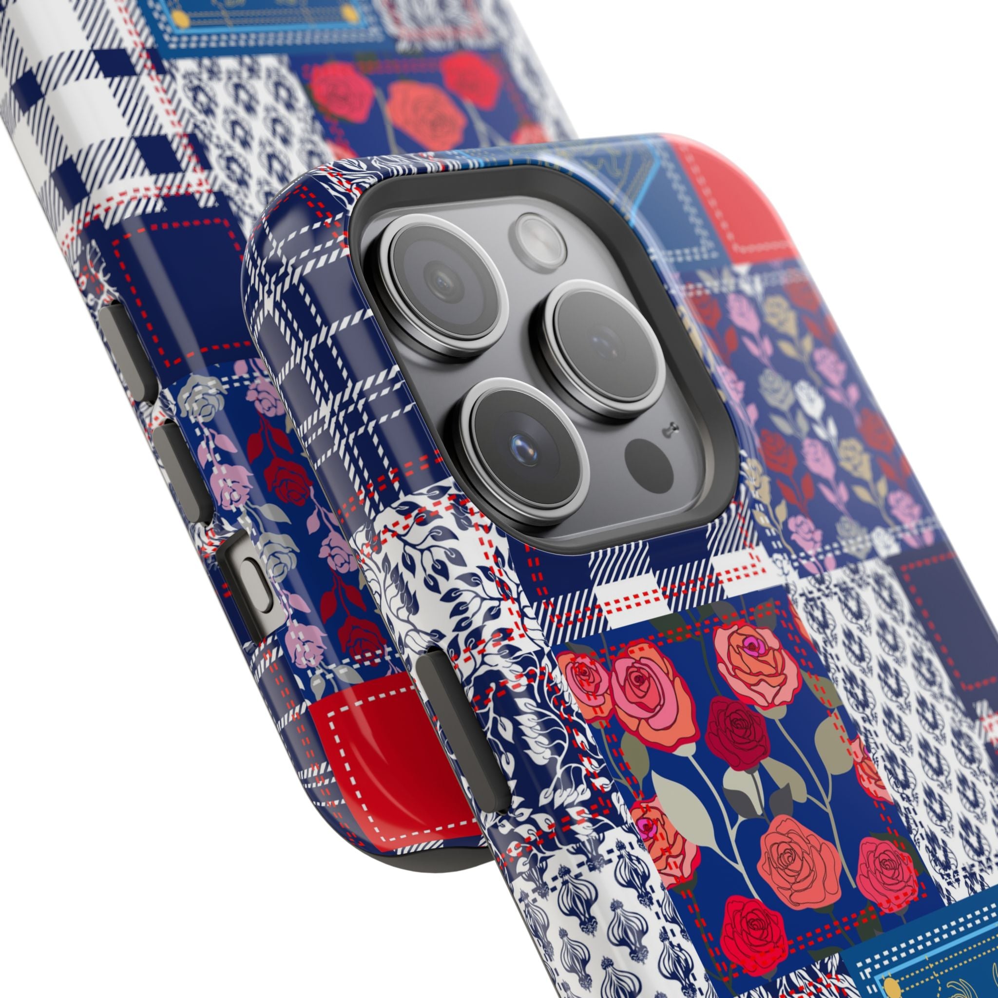 Crimson Bloom | Blue Patchwork Case