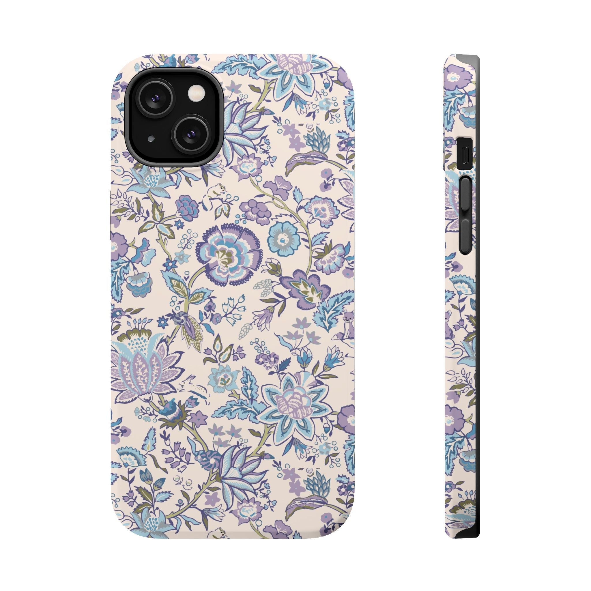 Blue CottageCore MagSafe iPhone case with floral design, cute phone cover for nature lovers, stylish protection.