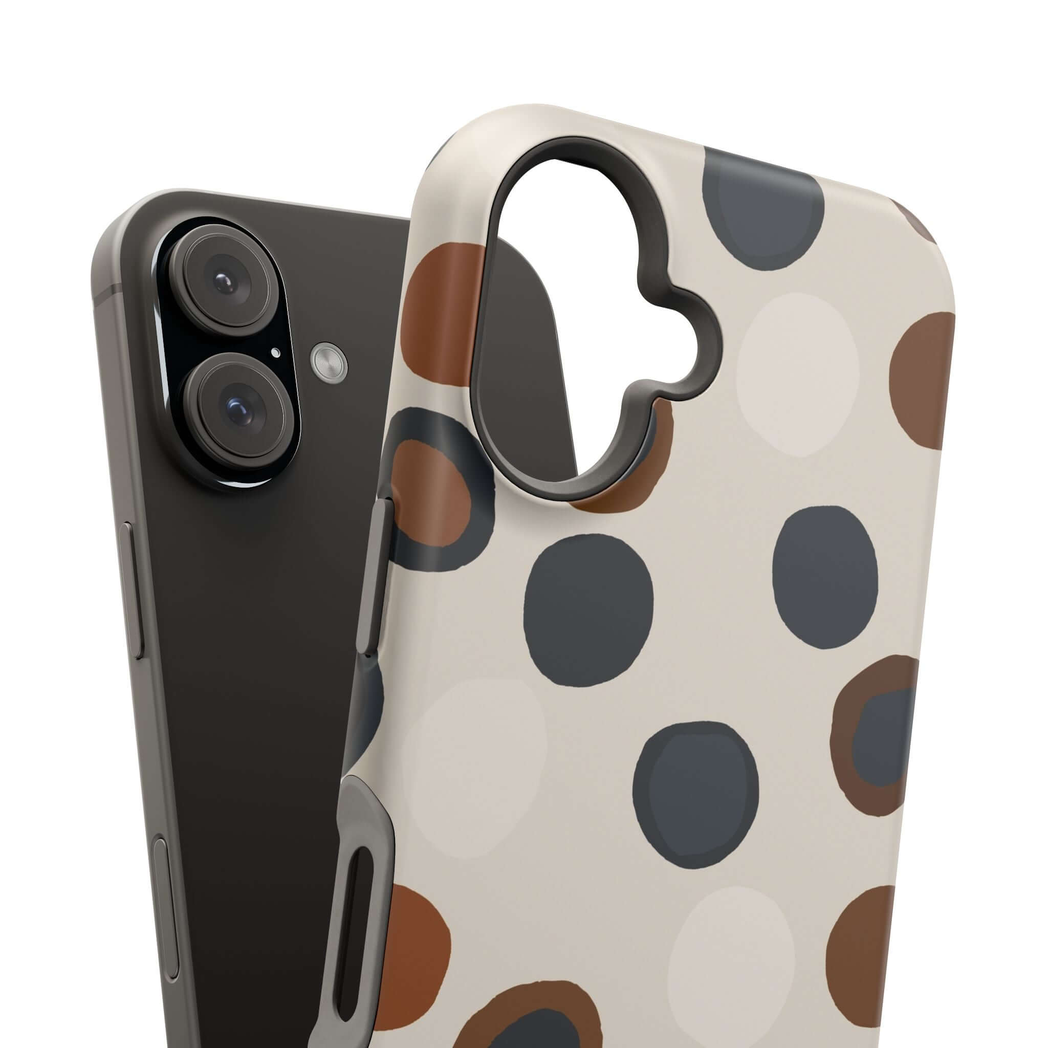 Chic Wanderer Modern Spots MagSafe iPhone case with brown and gray abstract pattern, perfect for a colorful and cute phone accessory.