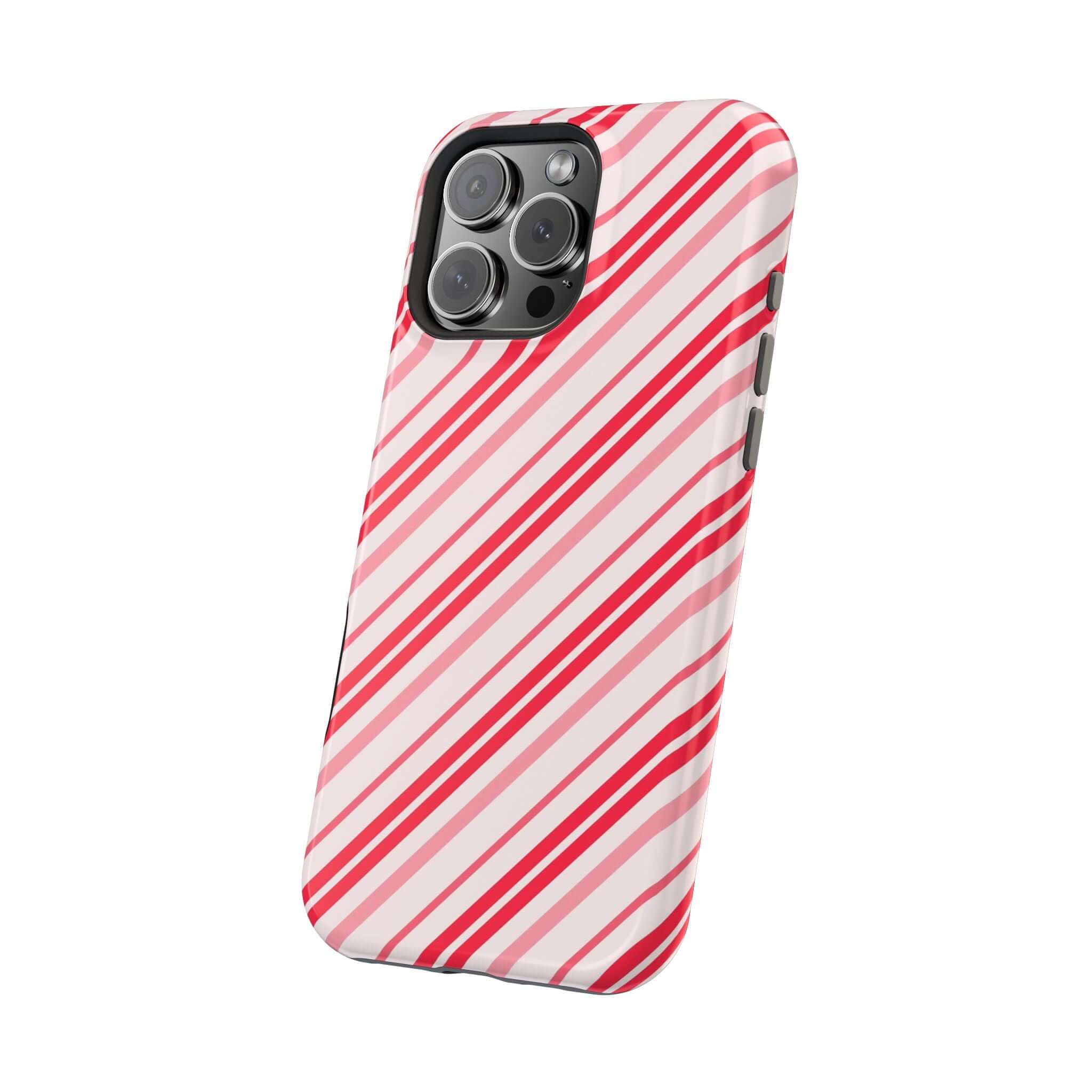 Festive Candy Cane Cutie MagSafe Case with red stripes, perfect Xmas phone case and cute holiday cover featuring MagSafe technology.