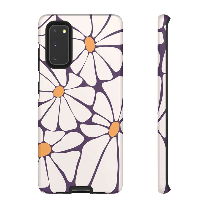 Purple Haze retro flower phone case with white and orange flowers for iPhone 14, Samsung, and Pixel devices, stylish and protective.