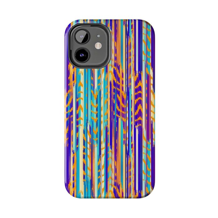 Colorful abstract tie dye iPhone case with vibrant orange, blue, and purple stripes, perfect for a cute and standout phone accessory.