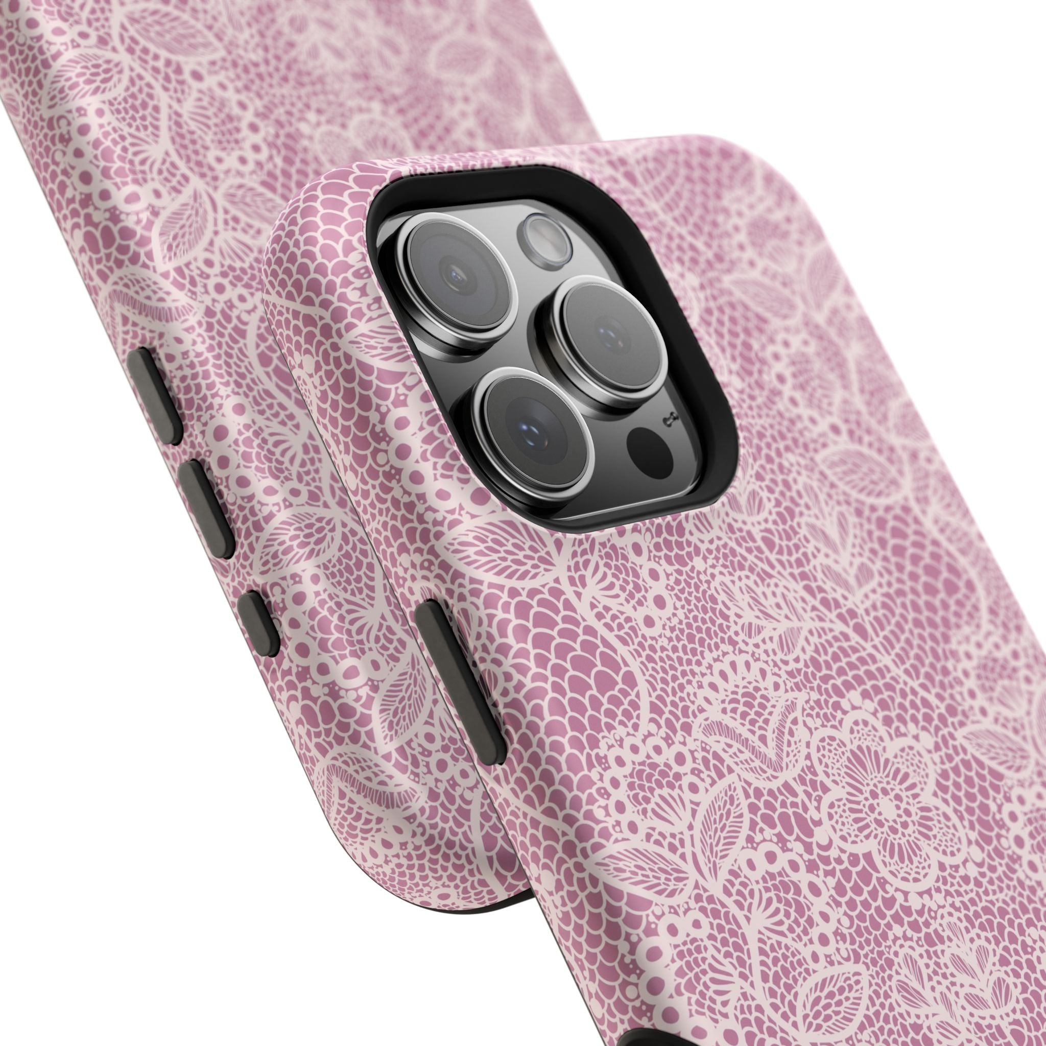 Pink Lace MagSafe iPhone Case with Floral Design, Cute Phone Cover for Country Charm and Protection.