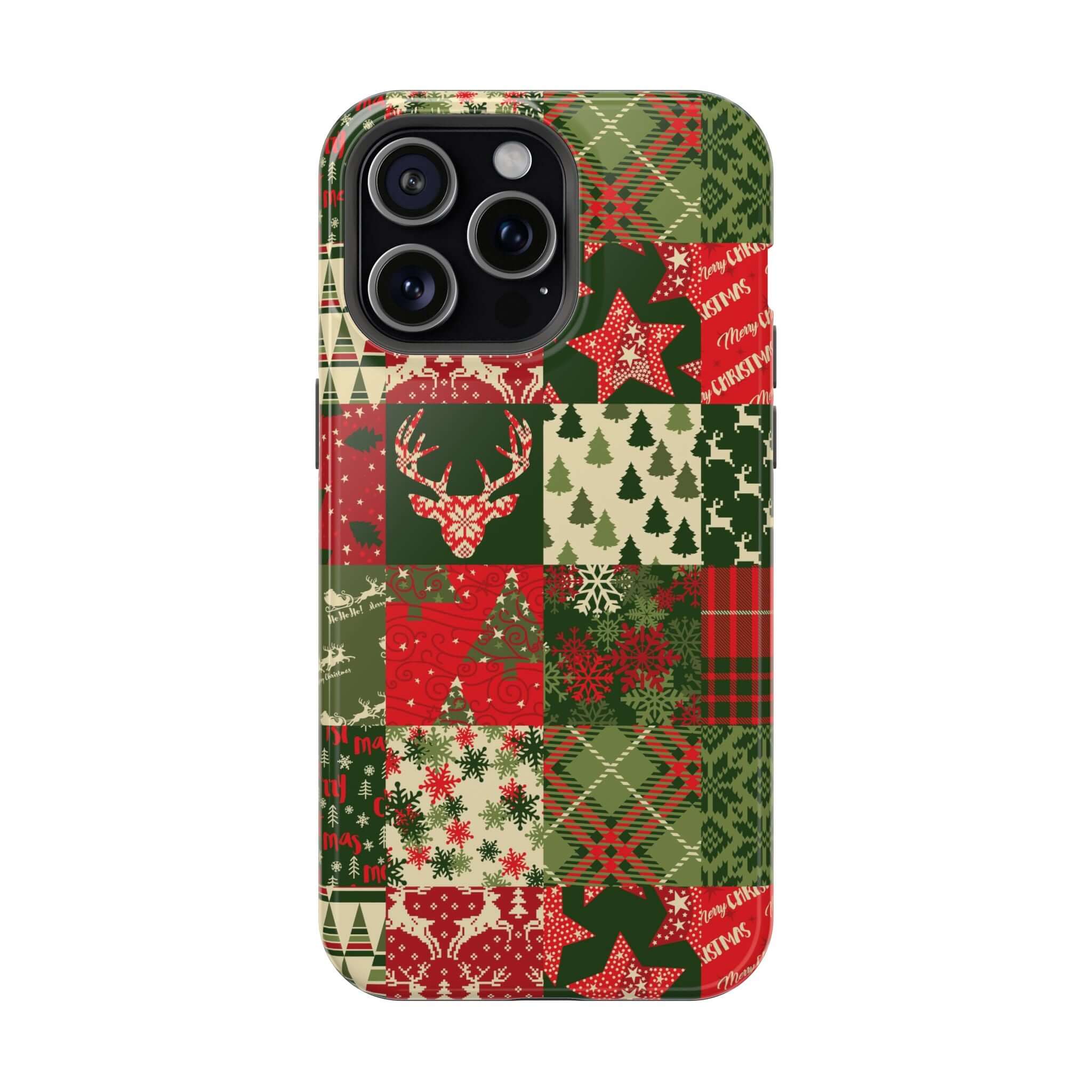 Cozy Quiltmas MagSafe case with festive red and green patchwork design for Christmas, holiday cheer, and secure phone attachment.