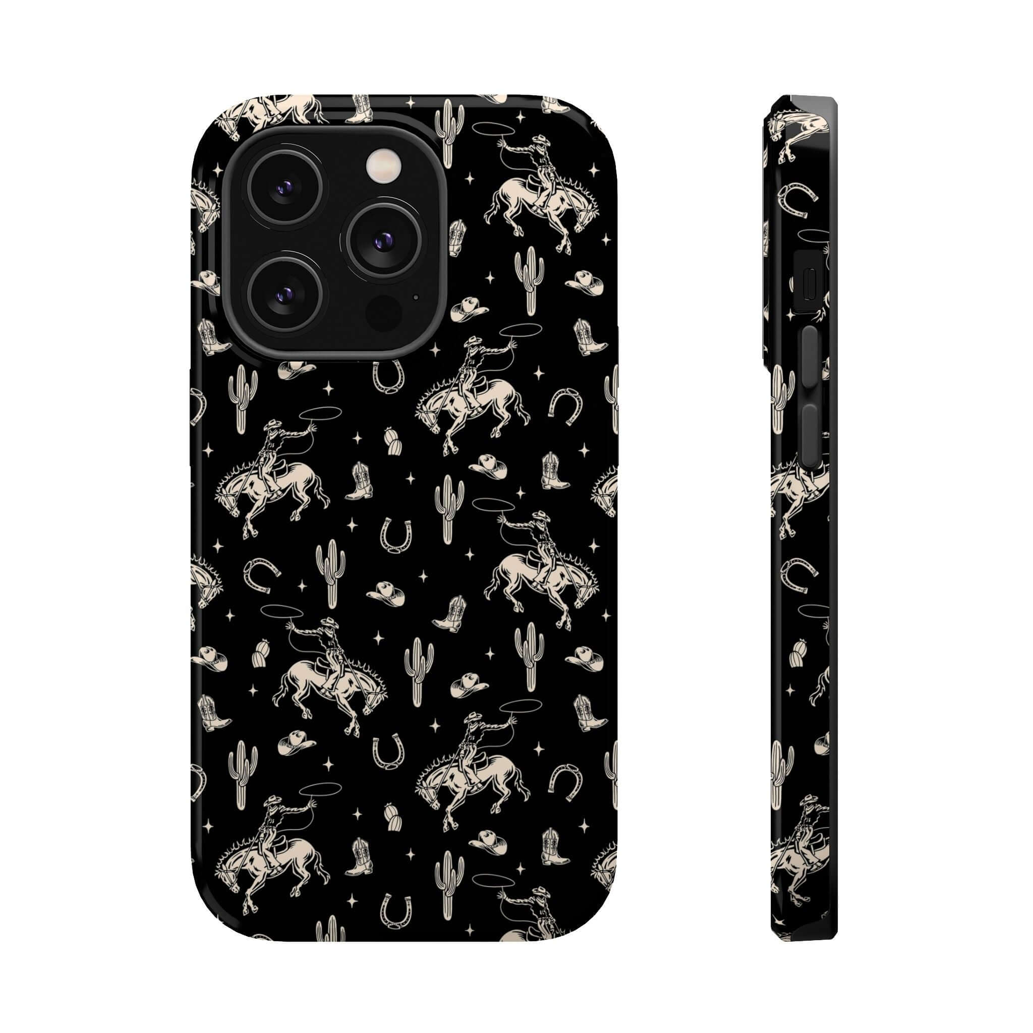 Cute black western Twilight Cowgirl iPhone case with cowgirl and cactus design, free shipping, perfect for cowgirl-inspired style.