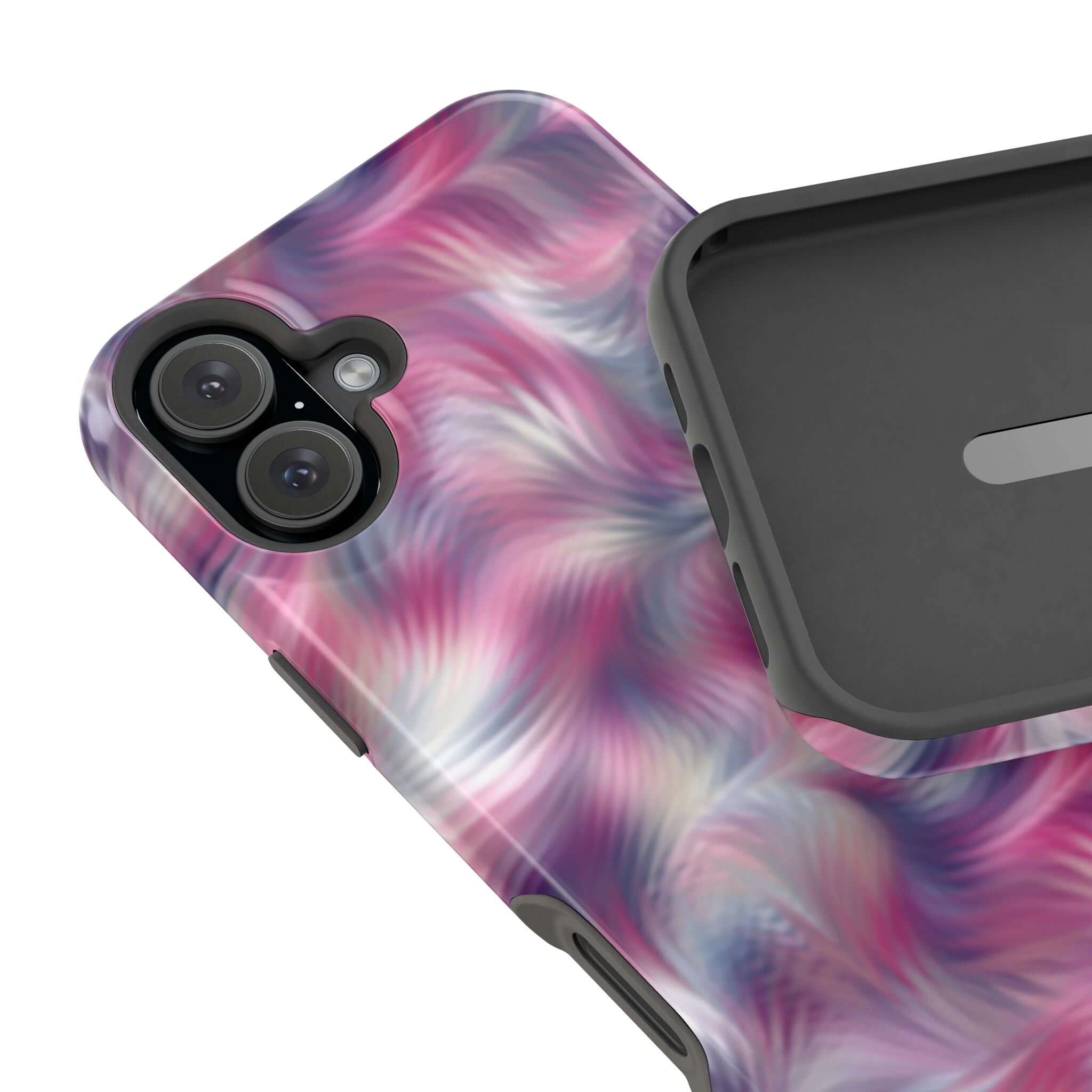 Purple abstract MagSafe iPhone case with tie dye swirl design, showcasing playful quirkiness and protection as a cute phone cover.