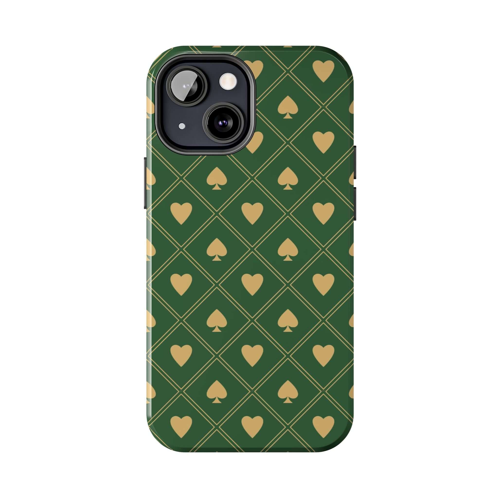 Stylish Royal Flush green phone case with spade and heart design for iPhone or Samsung, adds a cute and fun touch to your phone.